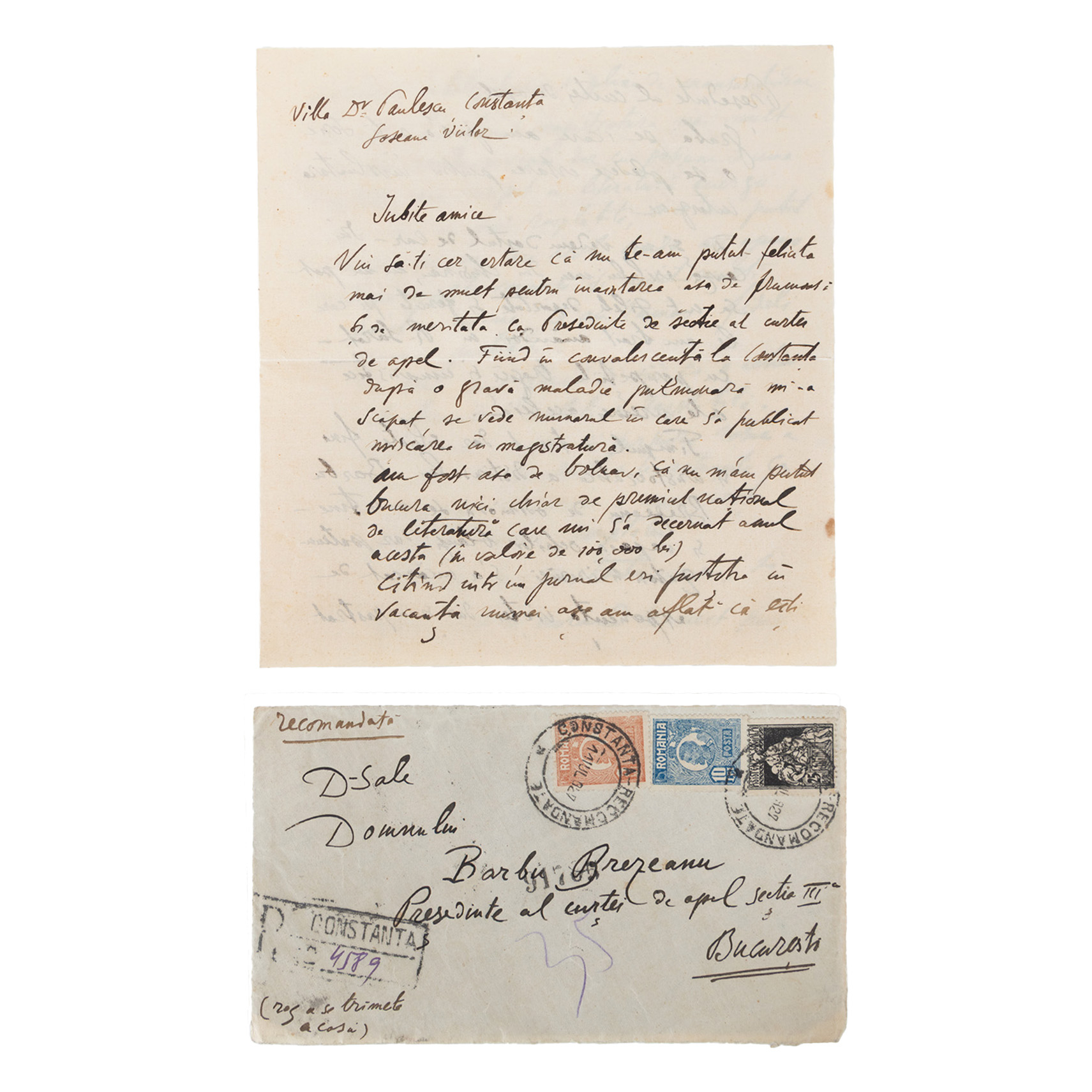 Letter sent by the writer Cincinat Pavelescu to a friend, Bucharest, 1927, accompanied by the original envelope