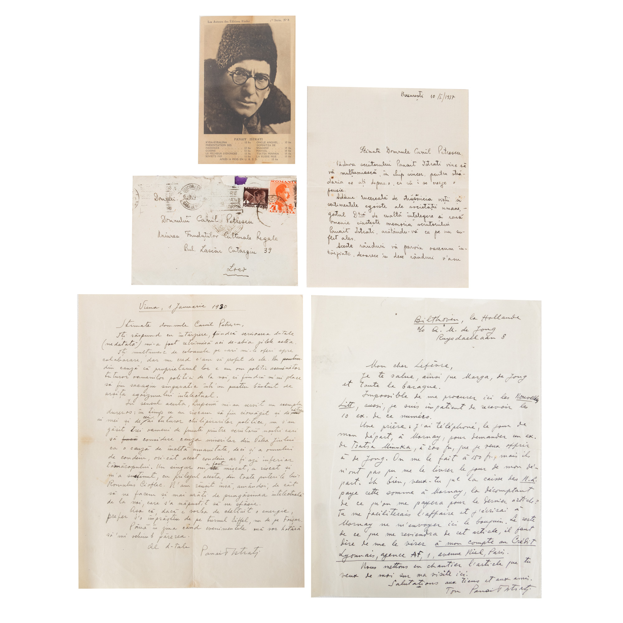 Lot consisting of a letter sent by Panait Istrati to Camil Petrescu, 1930, letter sent by Panait Istrati to Frederic Lefèvre, advertising postcard featuring Panait Istrati, with mention of his books and thank you letter sent by Panait Istrati's widow, Margareta, to Camil Petrescu, 1937.