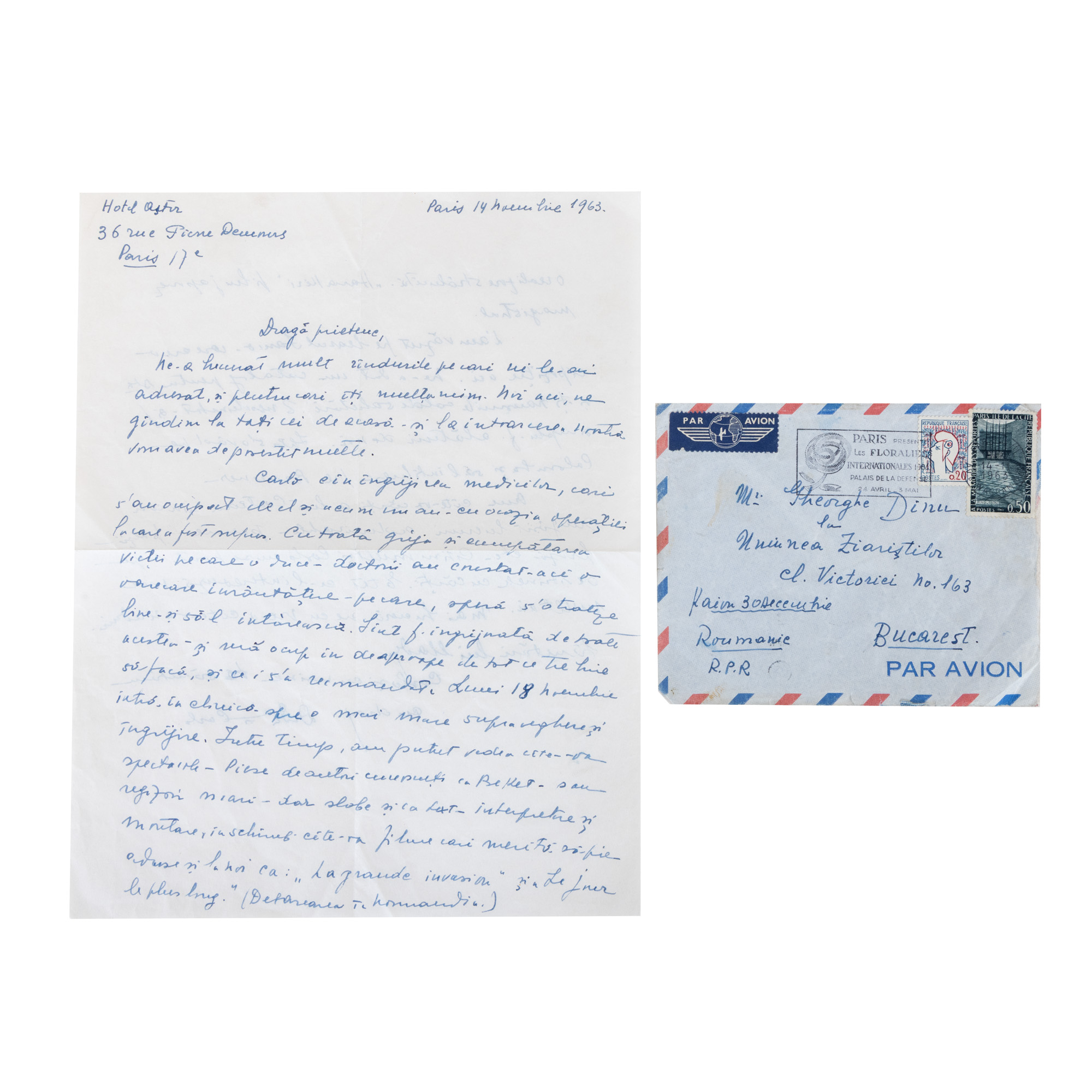 Corespondență personală primită de Gheorghe Dinu (scriitorul de avangardă Stephan Roll) de la prietenul și confratele Scarlat Callimachi, 1963, însoțită de plicul original