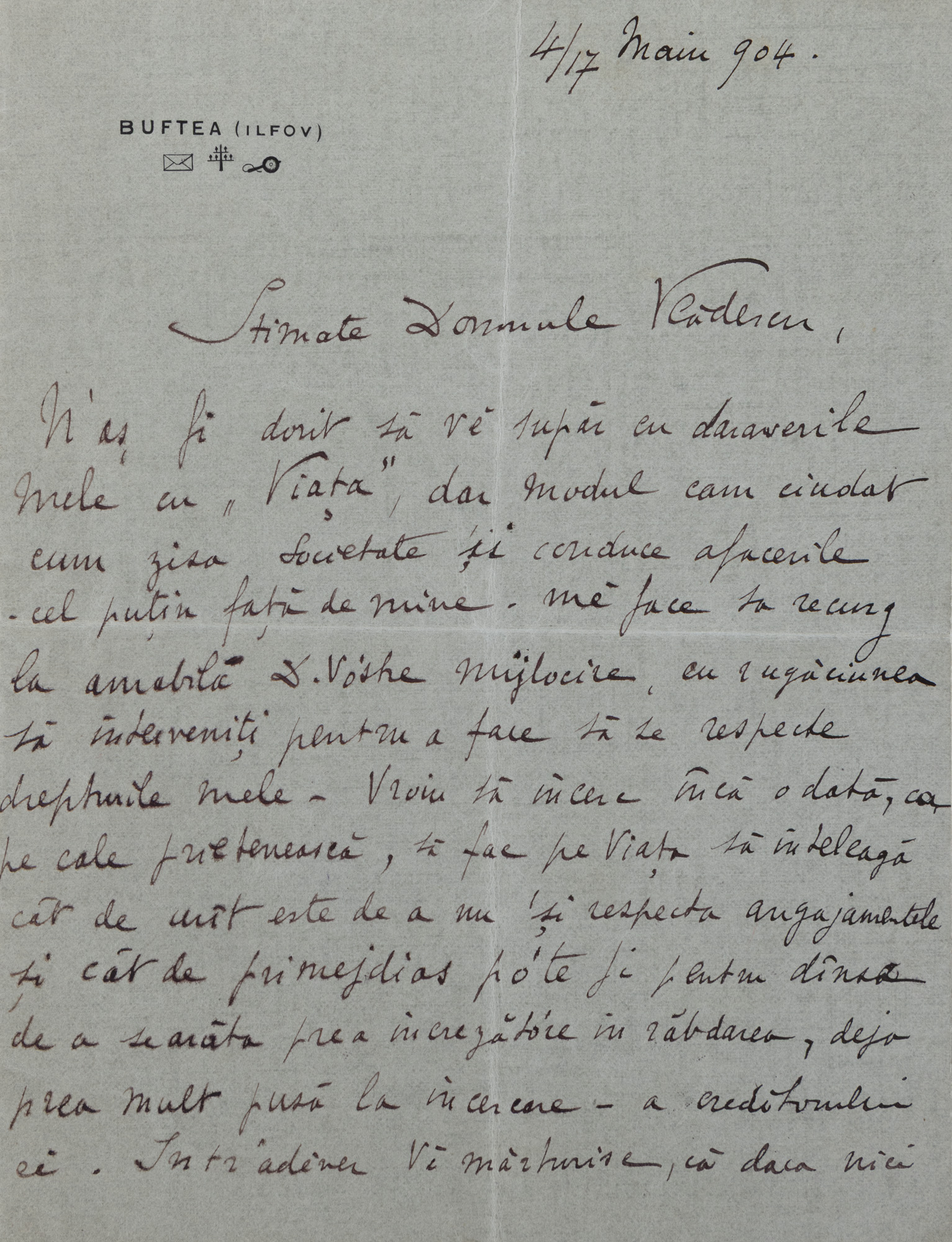 Business letter sent by Barbu Știrbey, Buftea, May 4-17, 1904