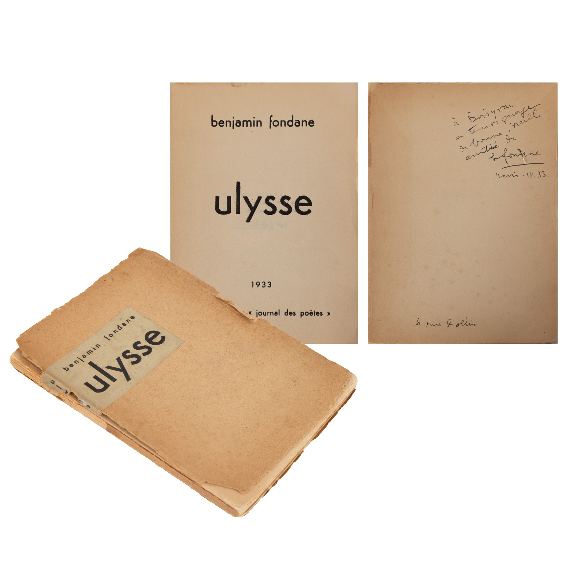 ”Ulysse”, de Benjamin Fondane, ediție princeps, franceză, Bruxelles/Paris, 1933, cu semnătura și dedicația olografe ale autorului, exemplar 291/500