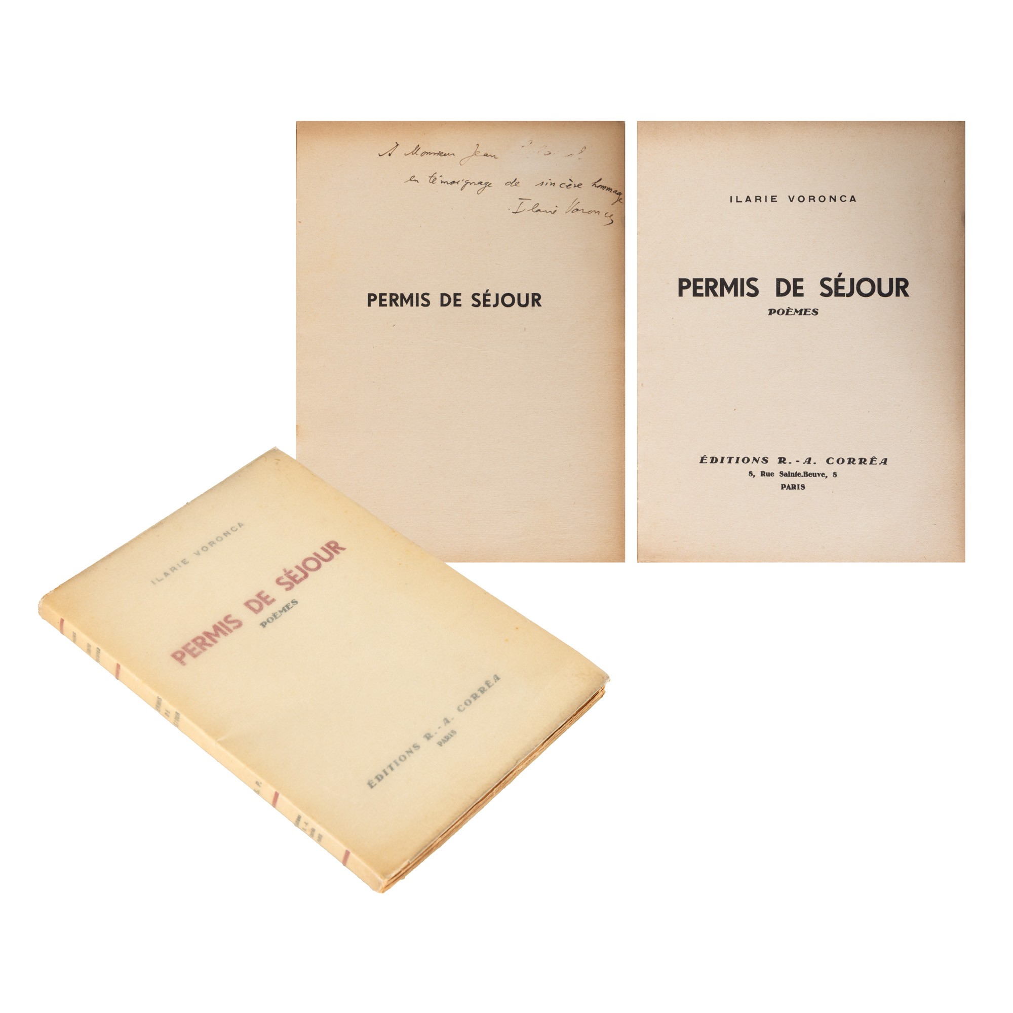 ”Permis de sejour”, de Ilarie Voronca, franceză, Paris, 1935, cu semnătura și dedicația olografe ale autorului
