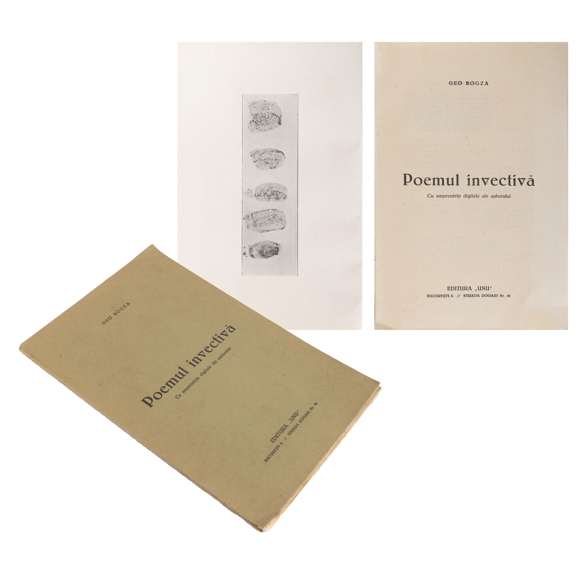 ”Poemul invectivă”, de Geo Bogza, București, 1933, cu amprentele digitale ale autorului, exemplar 113/245