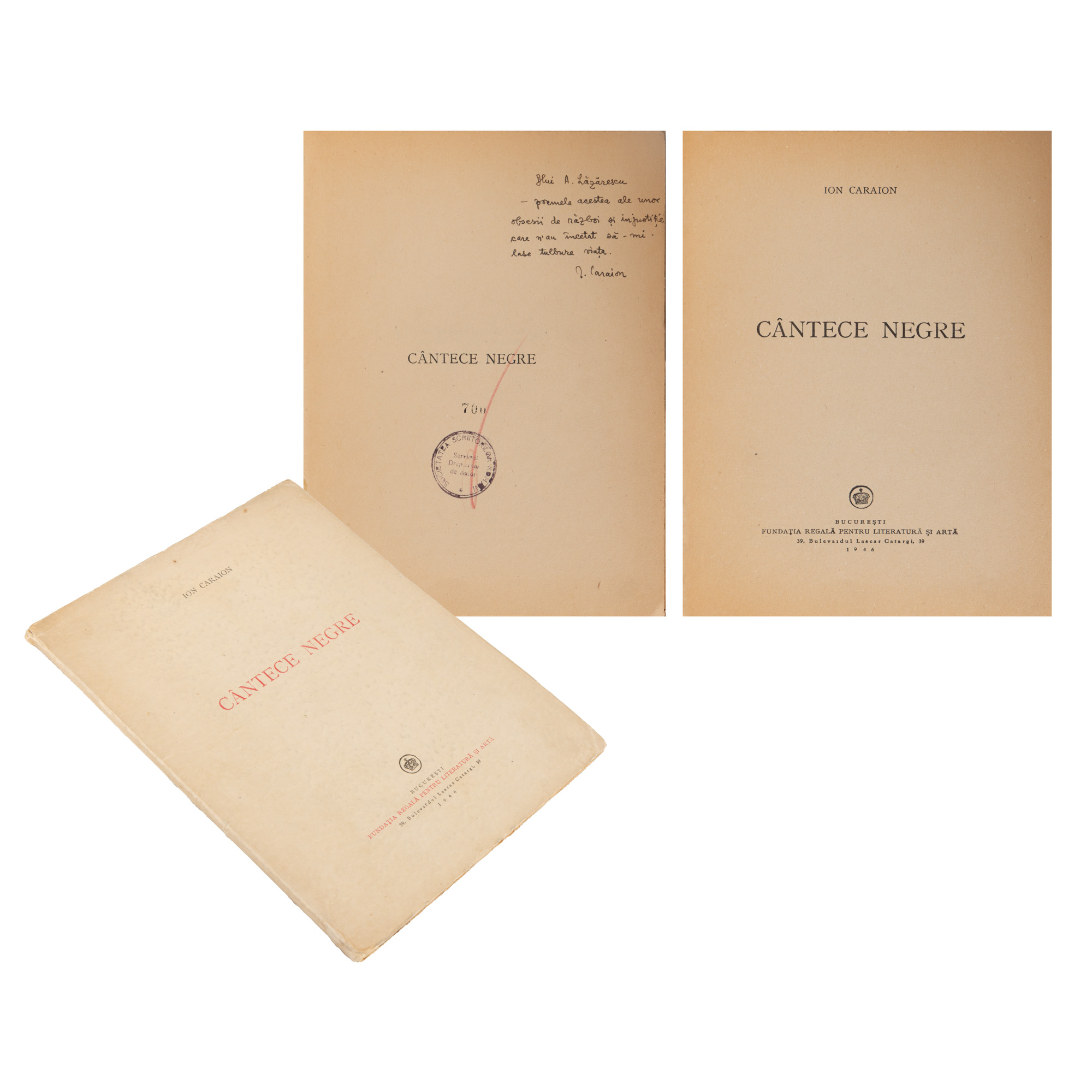 "Black Songs" by Ion Caraion, Bucharest, 1947, with author's autograph and holographic dedication, partially uncut copy