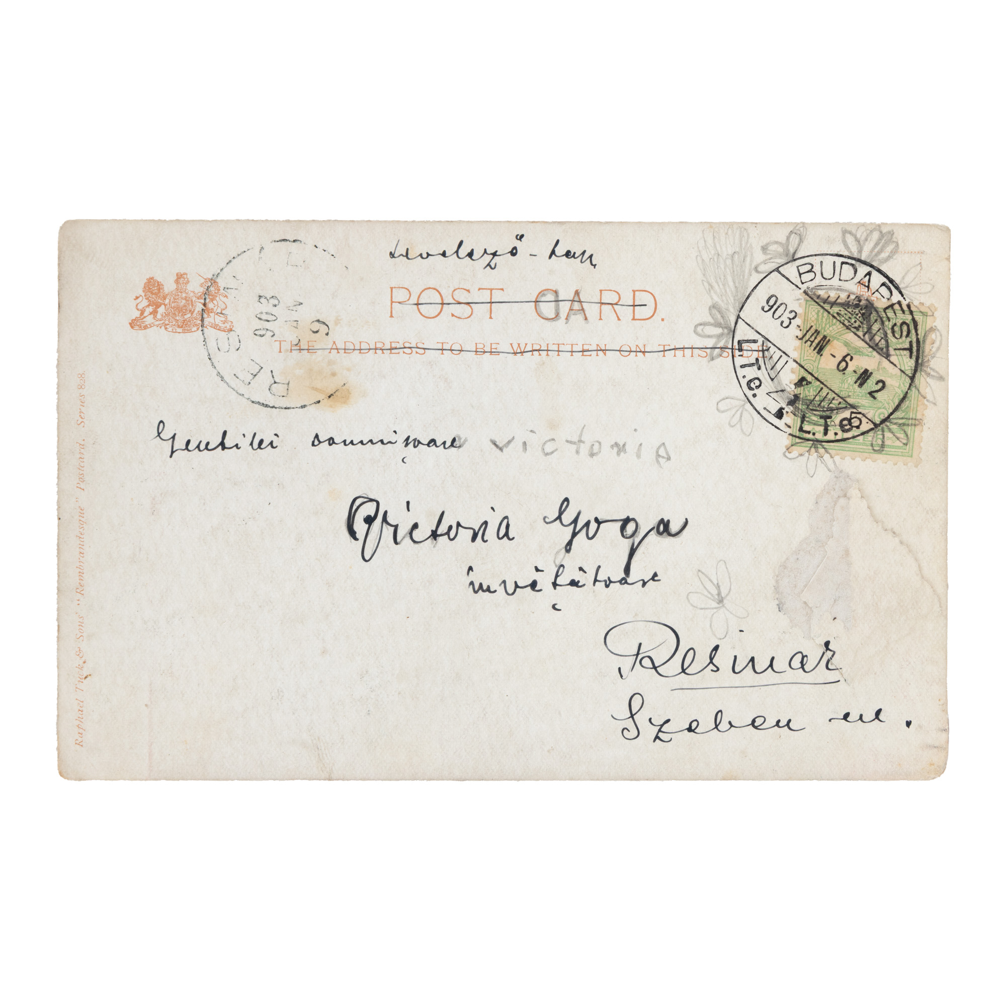 Carte poștală trimisă de Octavian Goga către sora sa Victoria Goga, 1903
