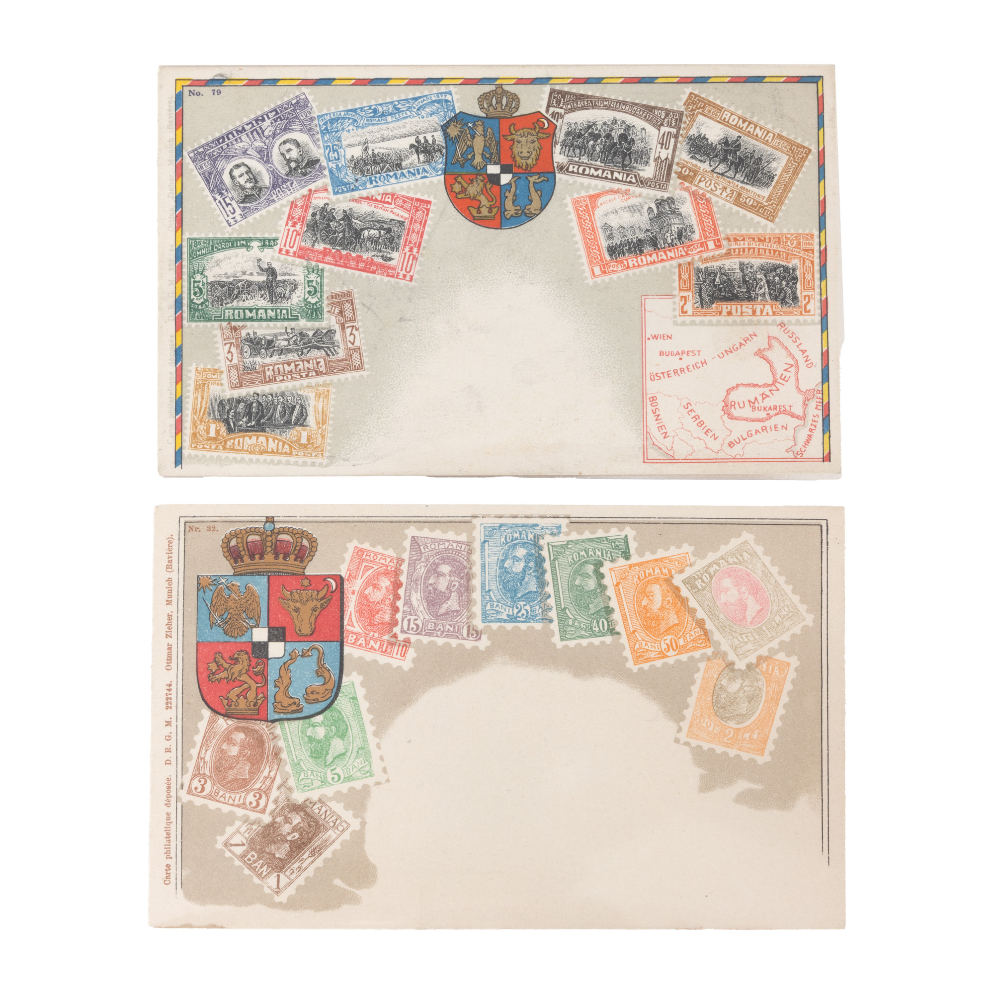 Lot consisting of two postcards "Romania. Philatelic Issues", publisher Ottmar Zieher, Munich, 1906
