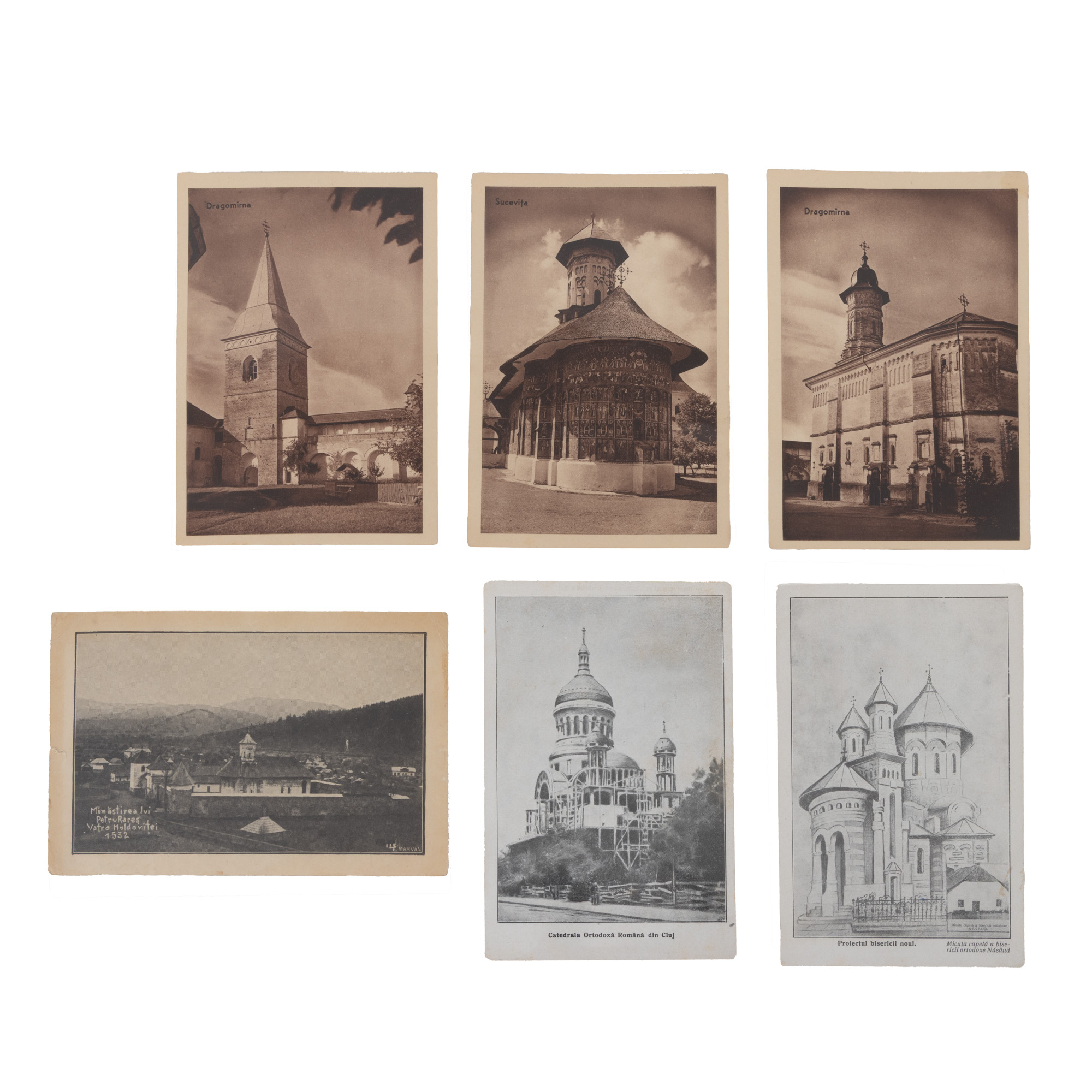 Lot format din șase cărți poștale ilustrând mănăstirile Sucevița, Dragomirna (două), Vatra Moldoviței, Catedrala Ortodoxă Română din Cluj și noua Biserică ortodoxă din Năsăud, perioada interbelică