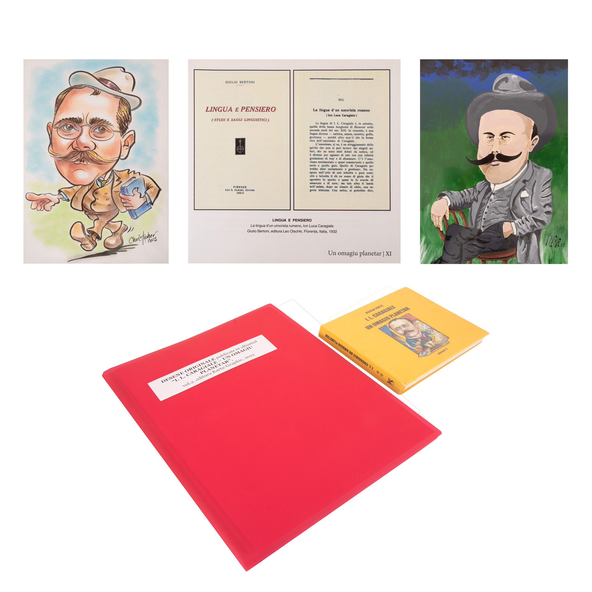 Lot consisting of "Ion Luca Caragiale. A planetary tribute", by Nicolae Ioniță, volume II, Ploiești, 2016, along with 20 original drawings that are published in the volume