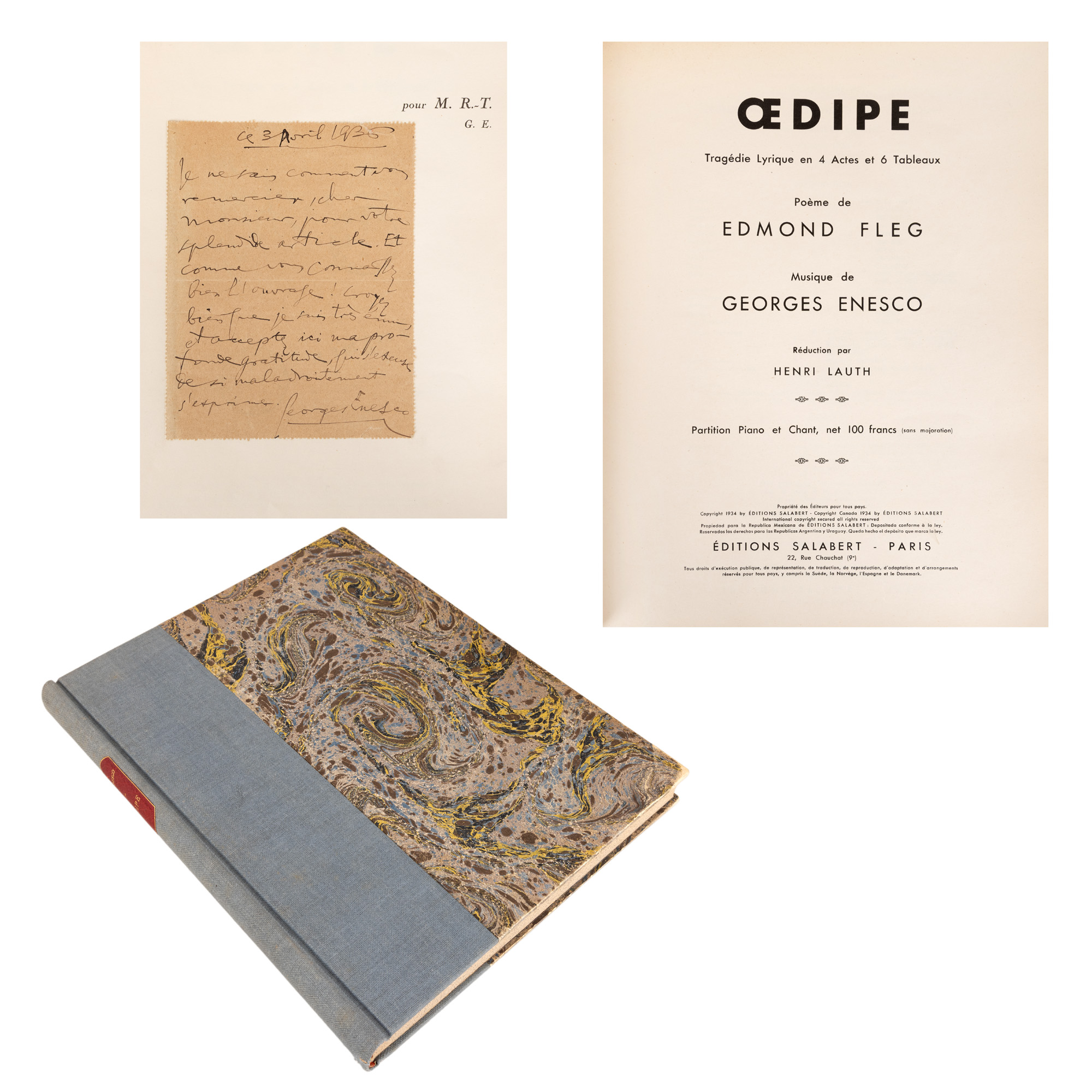 Opera ”Oedipe”, muzica de George Enescu și textul de Edmond Fleg, ediție princeps, editura Salabert, Paris, 1934, cu semnătura și dedicația olografe ale lui George Enescu pentru René Dumesnil însoțită de o scrisoare olografă semnată de George Enescu, 3 aprilie 1936