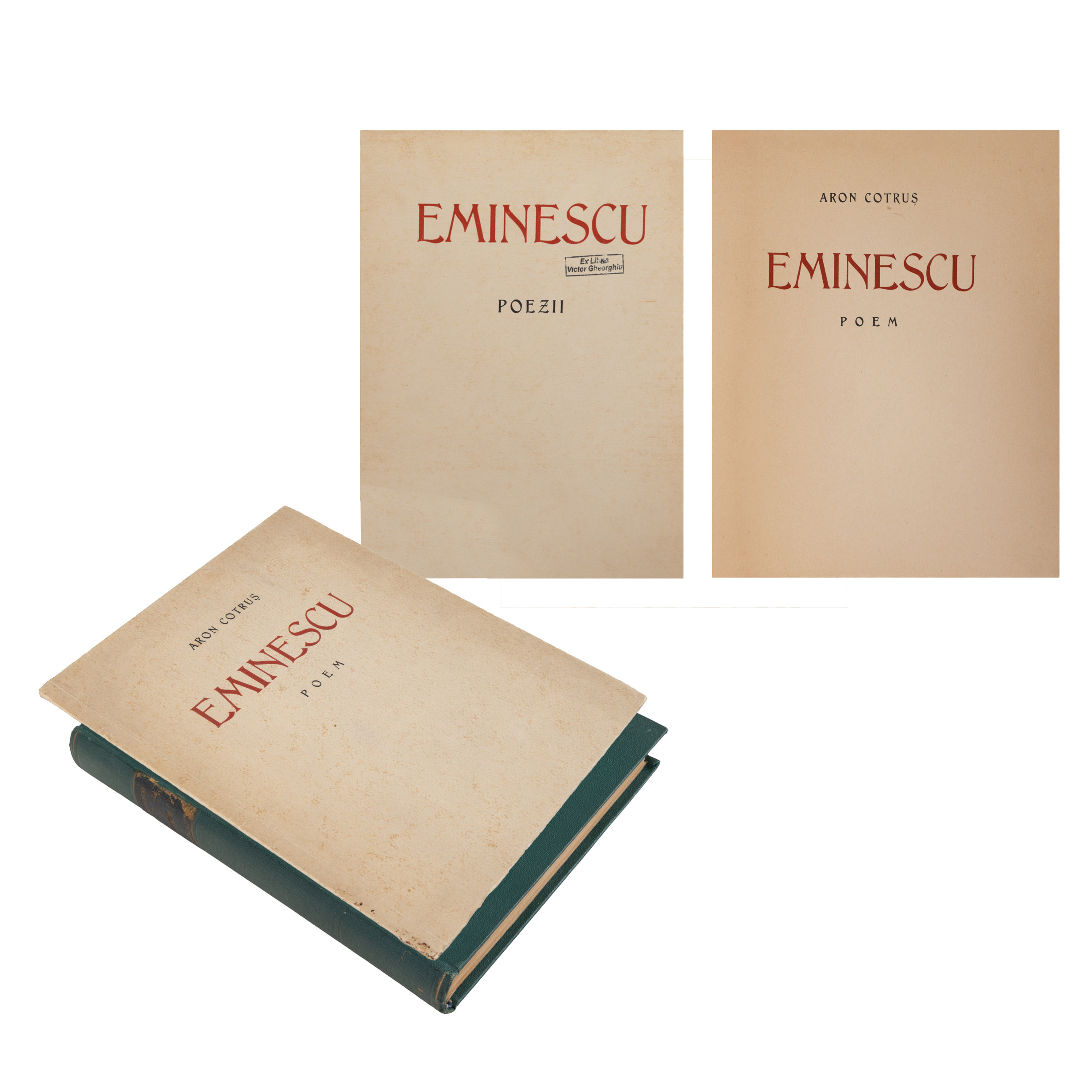 Lot format din ”Eminescu”, de Aron Cotruș, București, 1939, cu un portret de Camil Ressu, și ”Poezii”, de Mihai Eminescu, ediție omagială editată de Primăria municipiului București la cinci decenii de la moartea poetului, București, 1939