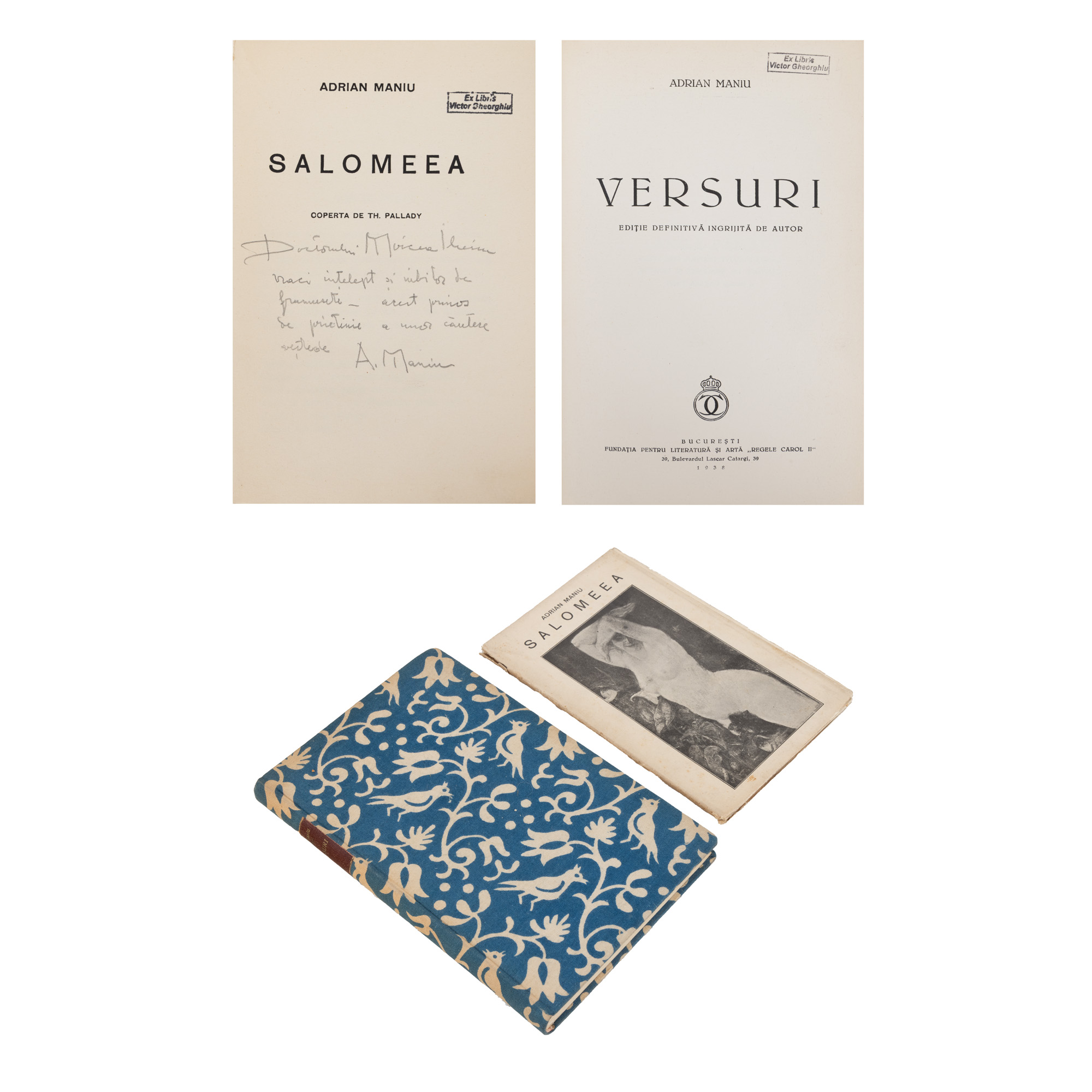 Lot consisting of "Verses", by Adrian Maniu, Bucharest, 1938, with the author's handwritten signature, copy 180/1200, and "Salome", by Adrian Maniu, Bucharest, 1915, with the dedication and the author's handwritten signature.