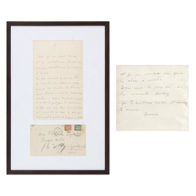 "Love Letter - 'Send me your news as soon as possible, darling' (Donne-moi le plus tôt de tes nouvelle, darling) sent by Constantin Brâncuși to Florence Meyer (Homolka), Paris, December 23, 1936, with handwritten signature and original envelope"