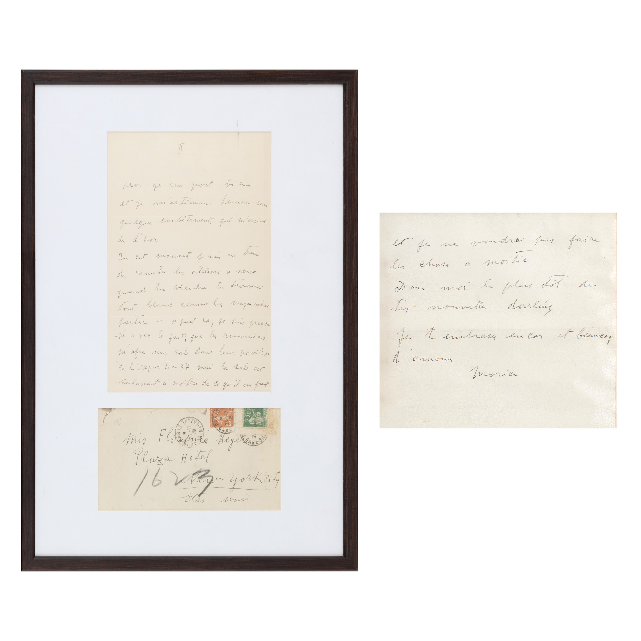 "Love Letter - 'Send me your news as soon as possible, darling' (Donne-moi le plus tôt de tes nouvelle, darling) sent by Constantin Brâncuși to Florence Meyer (Homolka), Paris, December 23, 1936, with handwritten signature and original envelope"