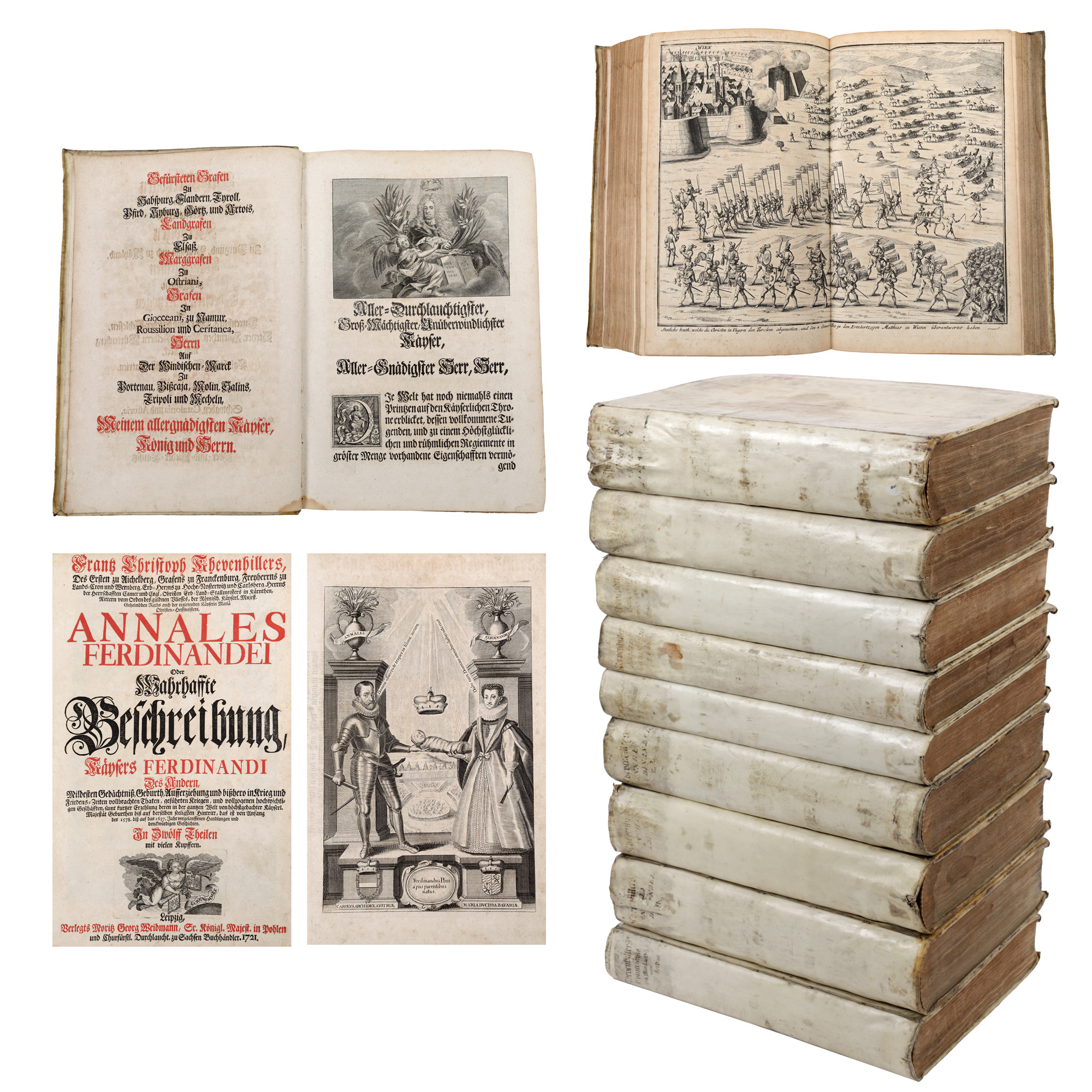 ”Annales Ferdinandei”, de Franz Christoph von Khevenhüller, germană, serie de nouă cărți cuprinzând 12 volume, Liepzig, 1721-1726, cu ex-libris și 489 gravuri, dintre care 449 de mari dimensiuni