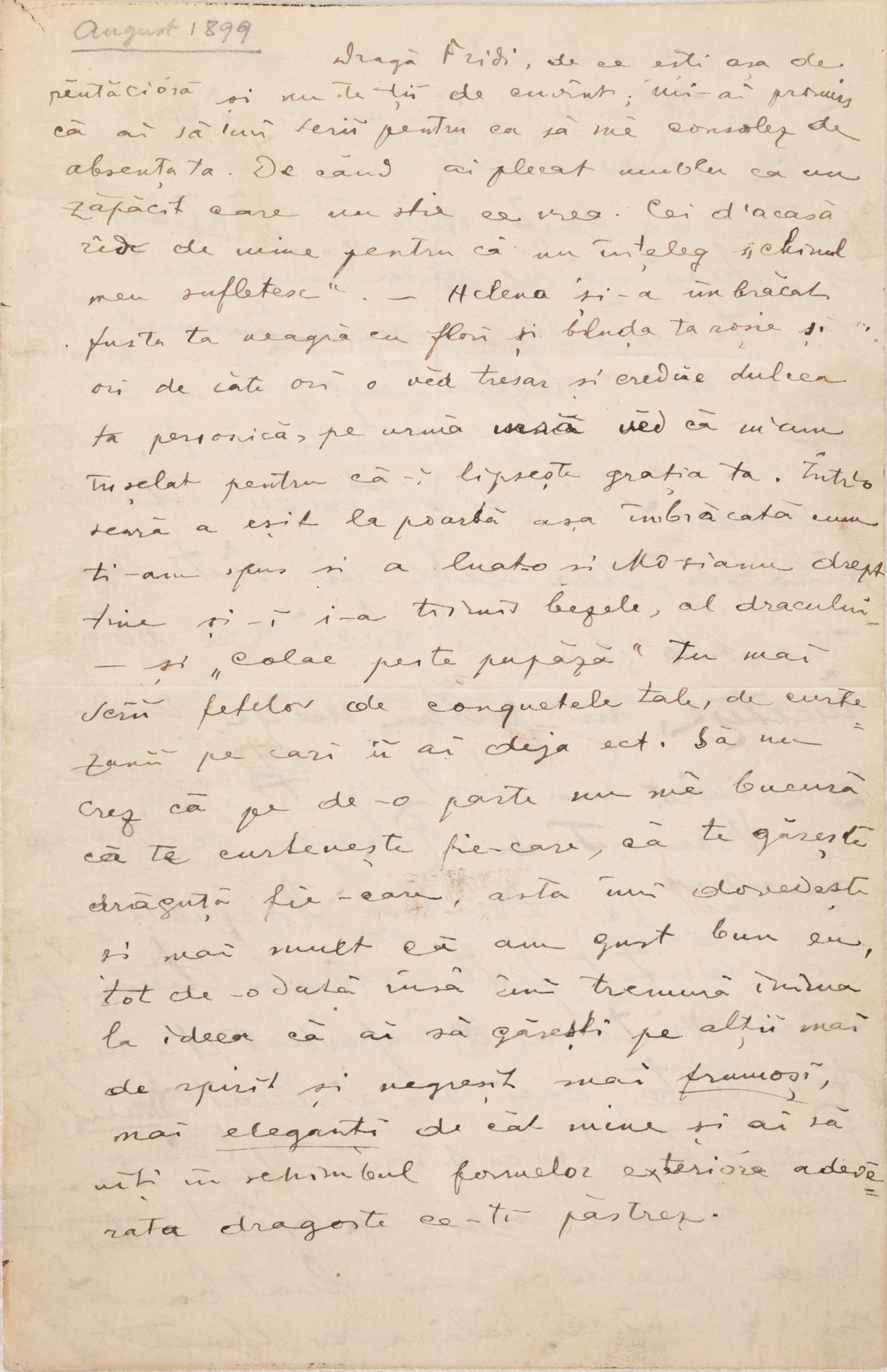 Scrisoare de dragoste scrisă de pictorul Nicolae Vermont către viitoarea sa soție, Frederica Roth, august 1899, redactată pe pagina albă a unei alte scrisori de familie a viitoarei sale soții