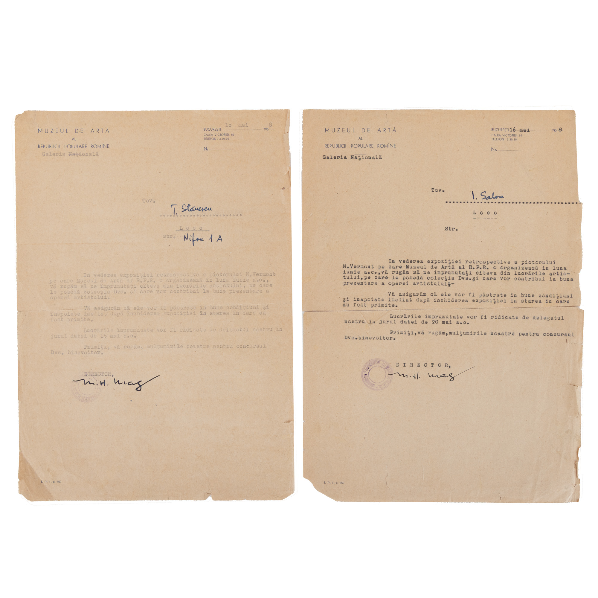 Lot format din două scrisori dactilografiate trimise de Max Herman Maxy, primul director al Muzeului Național de Artă al Republicii Populare Române, către colecționarii I. Salom și T. Stănescu, pentru împrumutul unor lucrări realizate de Nicolae Vermont pentru expoziția dedicată acestuia, cu semnătura olografă a lui Max Herman Maxy, 10 și 16 mai 1958
