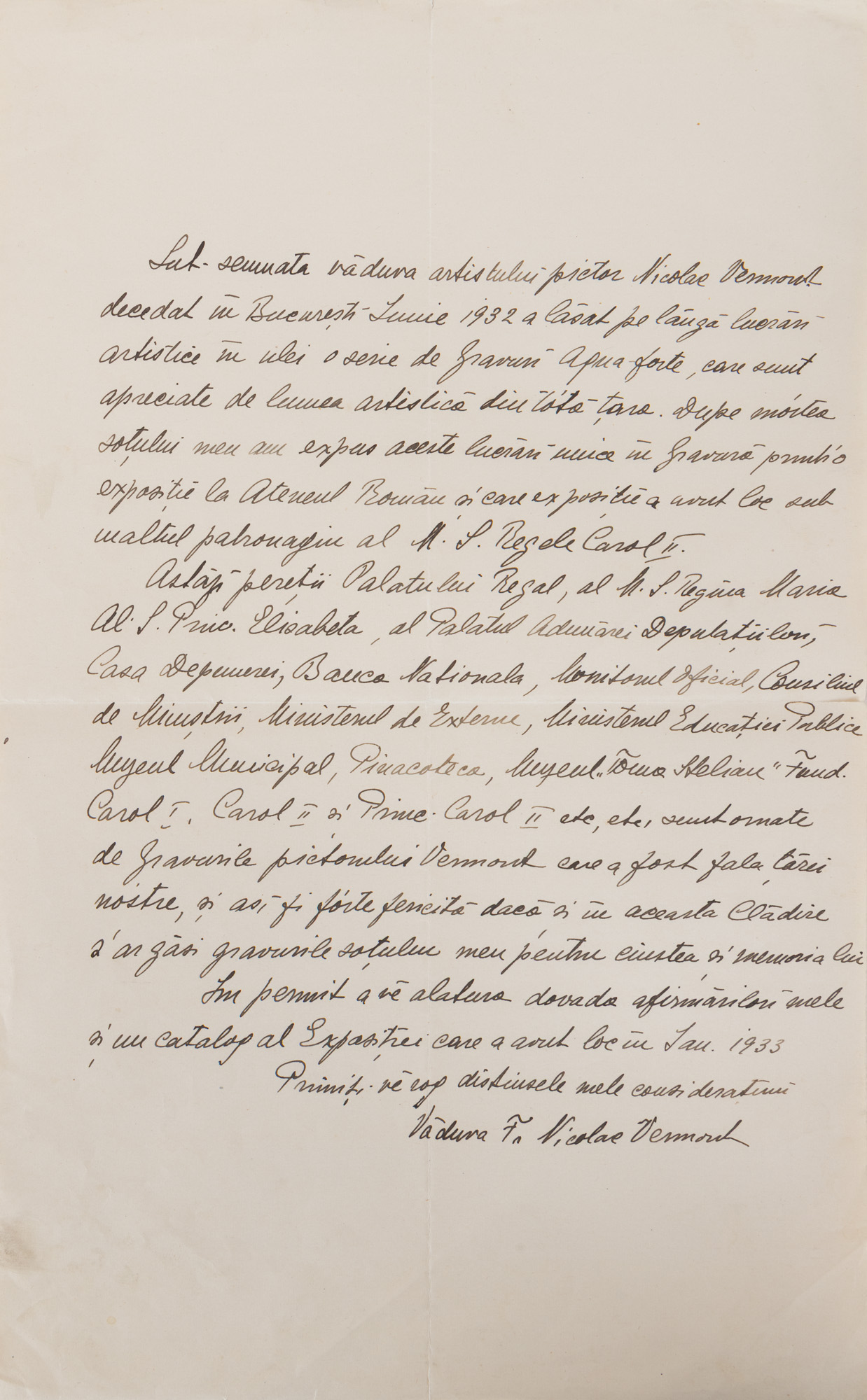 Document olograf redactat de Frederica Vermont, văduva pictorului Nicolae Vermont, referitor la gravurile realizate de soțul ei, semnat olograf