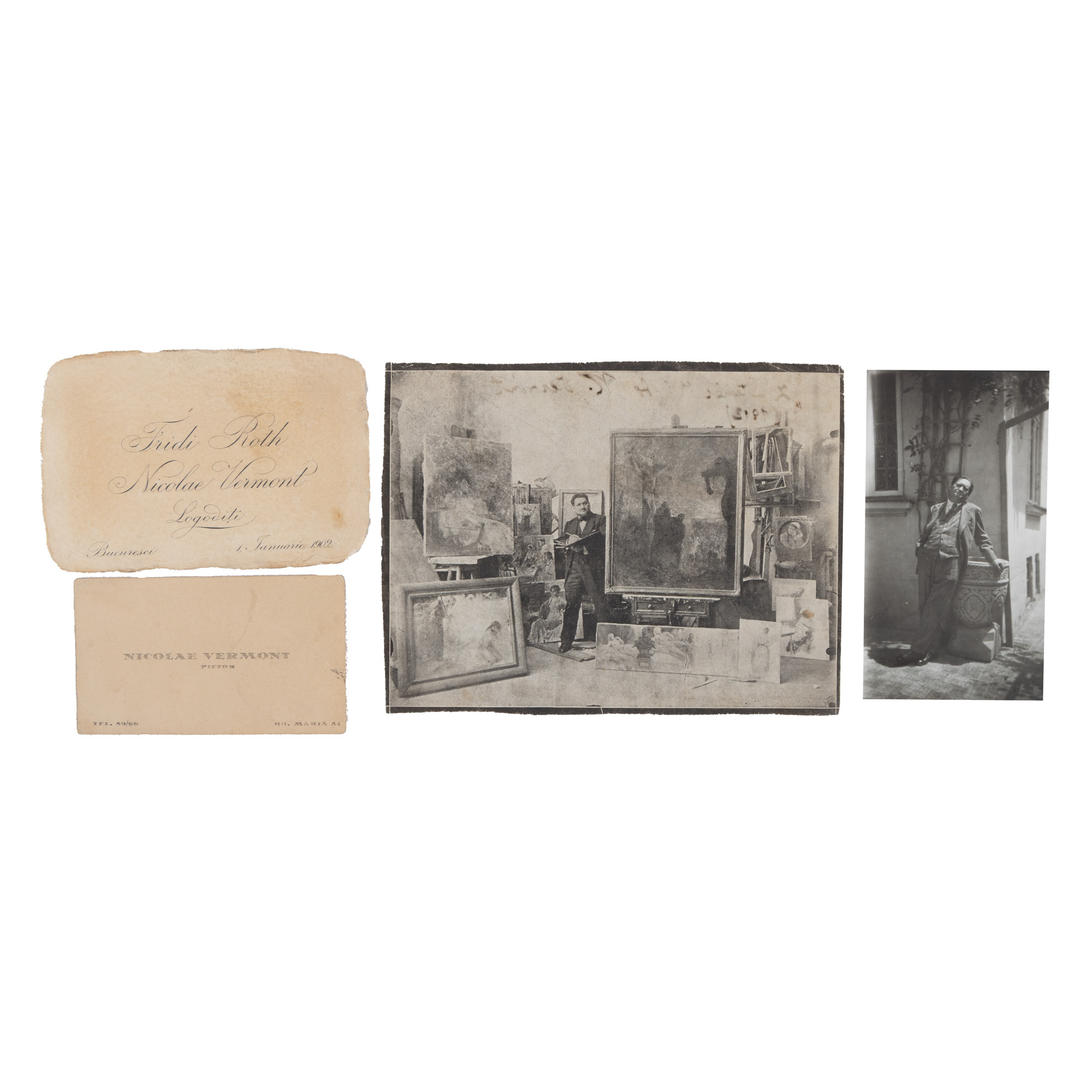 Lot documentar Nicolae Vermont format din: carte de vizită, anunț de logodnă al cuplului Frederica Roth-Nicolae Vermont, București, 1 ianuarie 1902, fotografie-reproducere a pictorului și ilustrație dintr-o revistă cu pictorul în atelierul său
