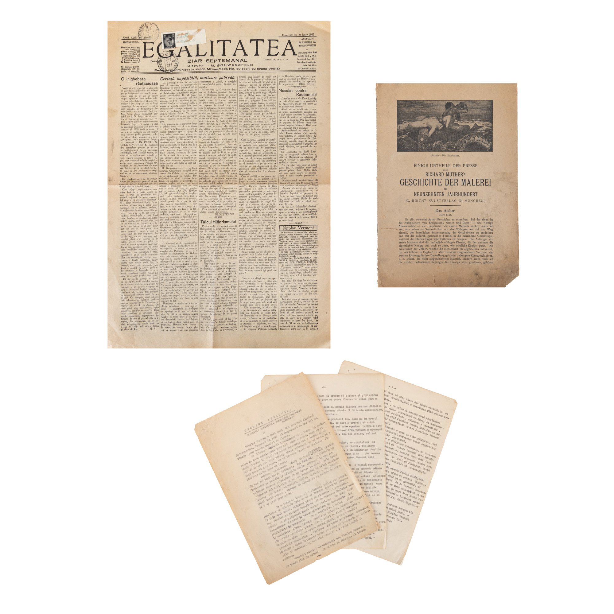 Lot format dintr-o cronică dactilografiată de artă despre pictorul Nicolae Vermont realizată de Tudor Arghezi, nesemnată, și diferite ziare și reviste de epocă cu articole despre pictorul Nicolae Vermont