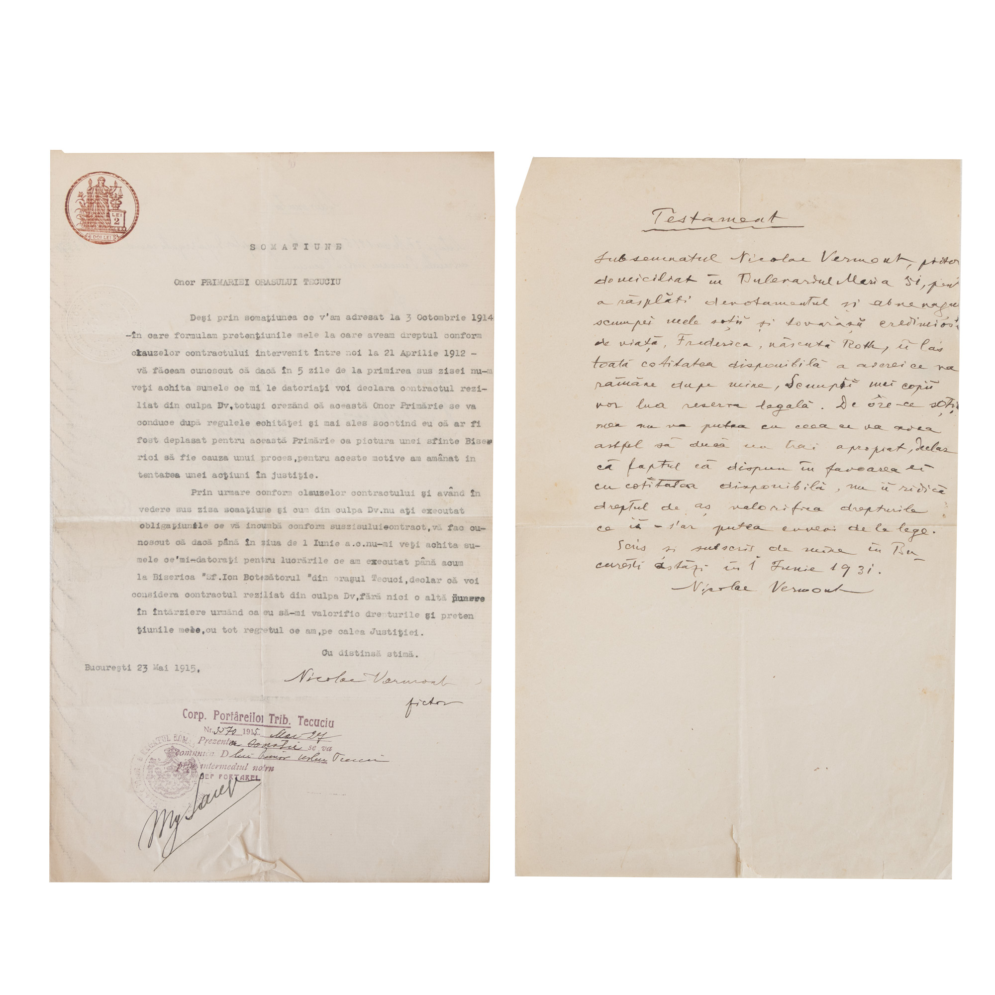 Lot format din testament olograf redactat de pictorul Nicolae Vermont, 1 iunie 1931 și document dactilografiat reprezentând o somație a pictorului Nicolae Vermont către primăria orașului Tecuci, 23 mai 1915, cu semnătura olografă a pictorului