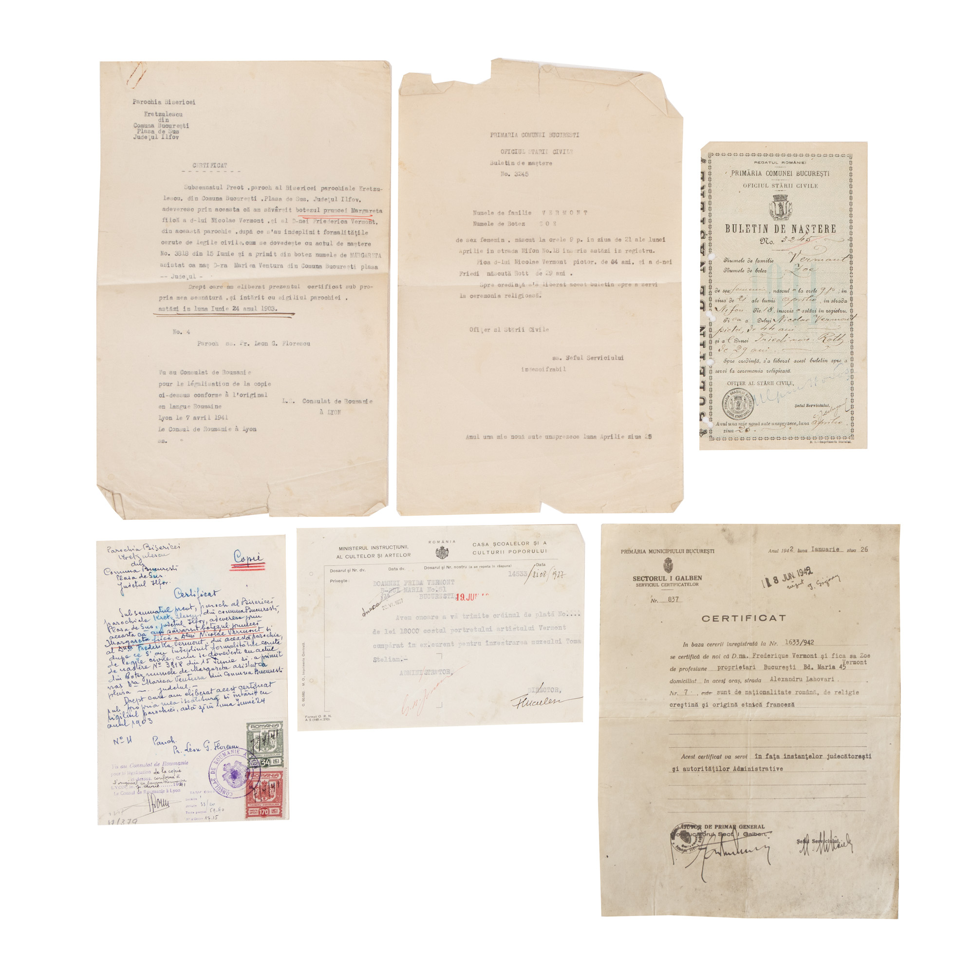 Lot format din documente personale ale fiicelor pictorului Nicolae Vermont