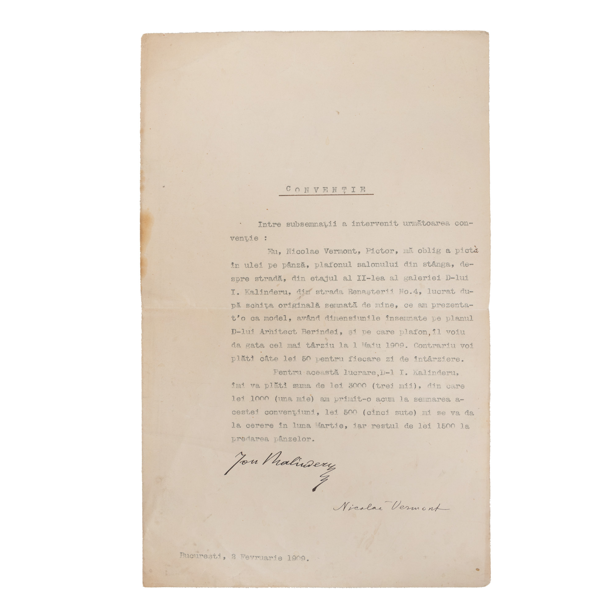 Contract încheiat între pictorul Nicolae Vermont și colecționarul Ion Kalinderu, București, 2 februarie 1909, cu semnăturile olografe ale acestora