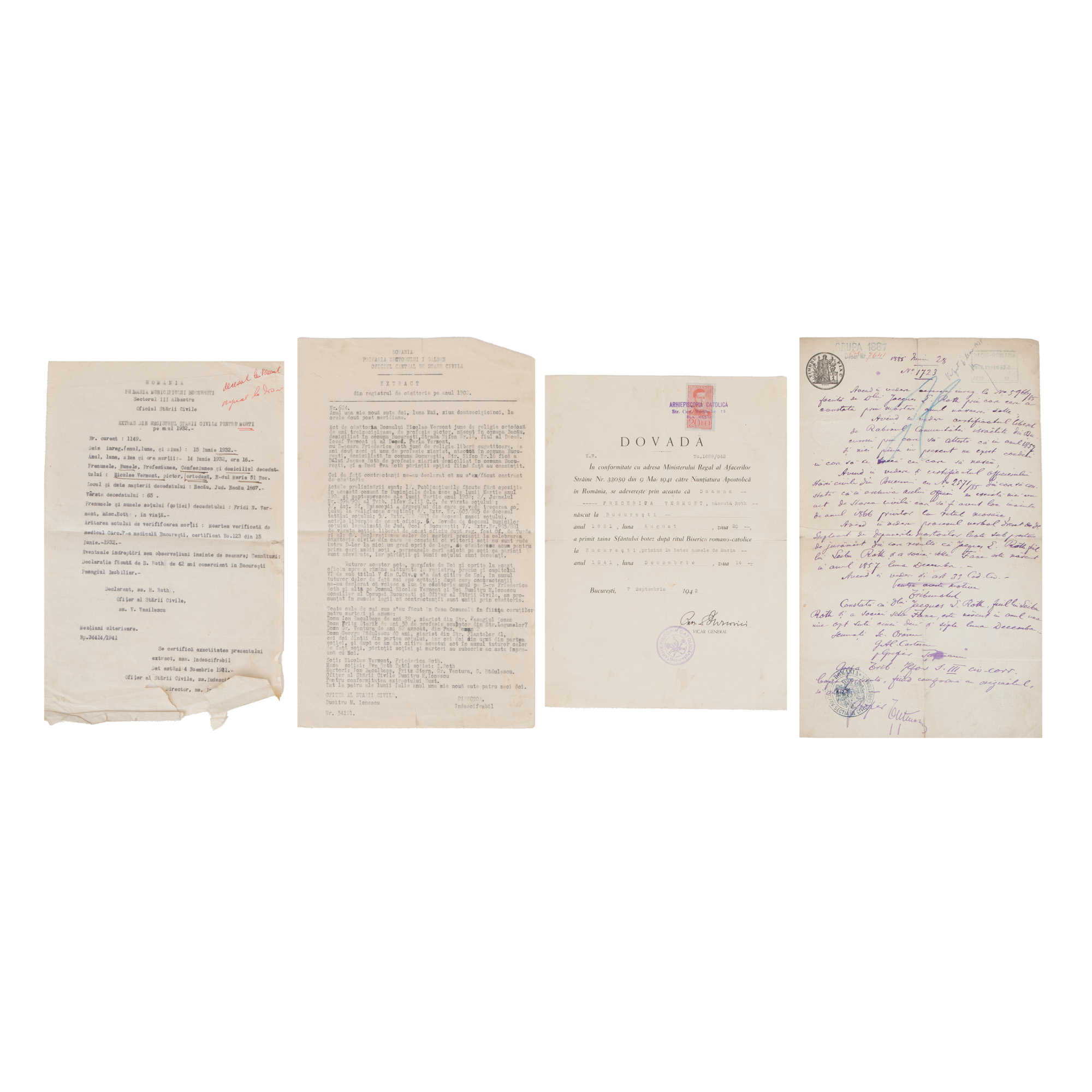 Lot format din opt documente personale ale pictorului Nicolae Vermont