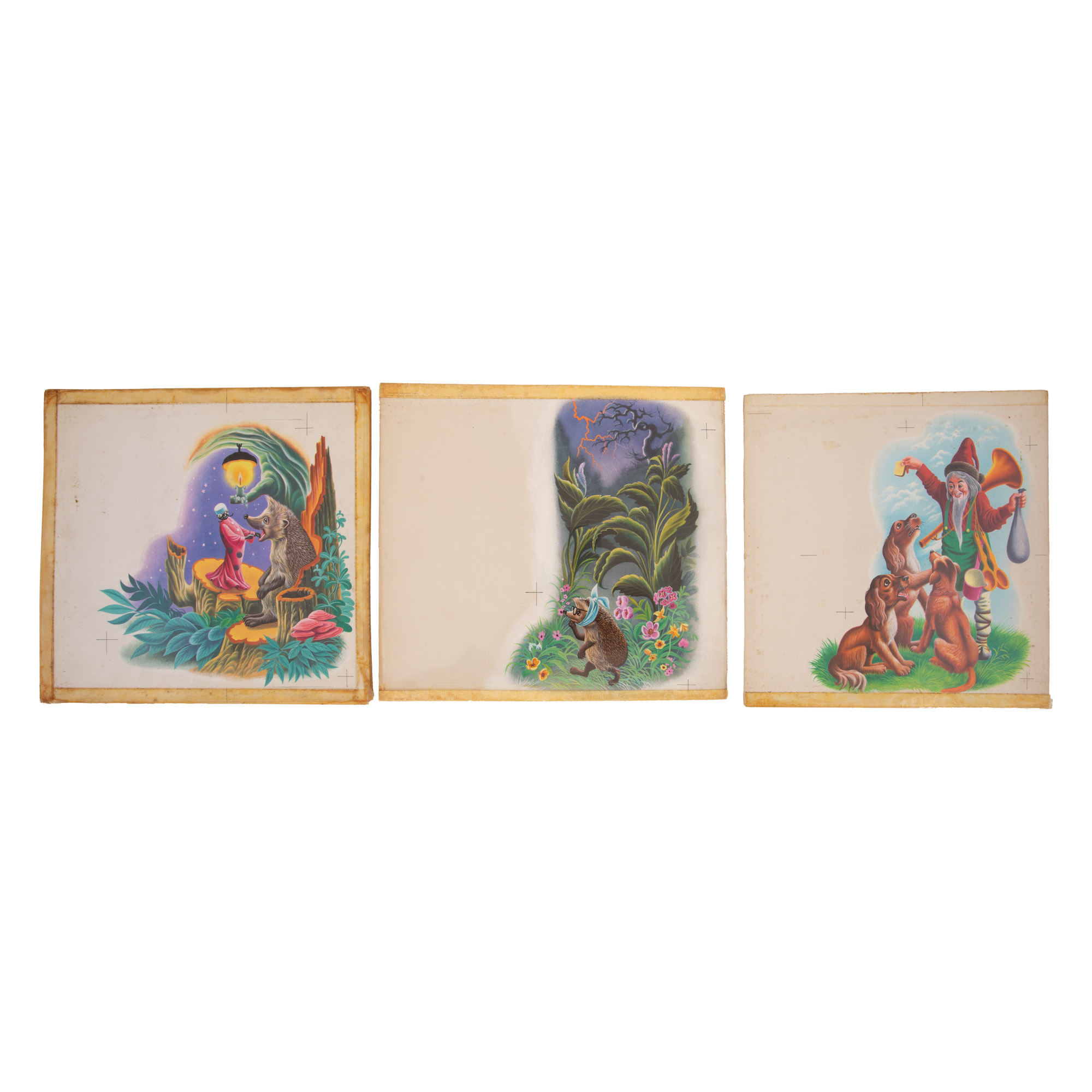 Lot format din trei ilustrații originale realizate de Albin Stănescu pentru cartea de povești "Bucurii pentru copii", text de Ion Crînguleanu, Editura Ion Creangă, 1966, exemplare unice, piese rare