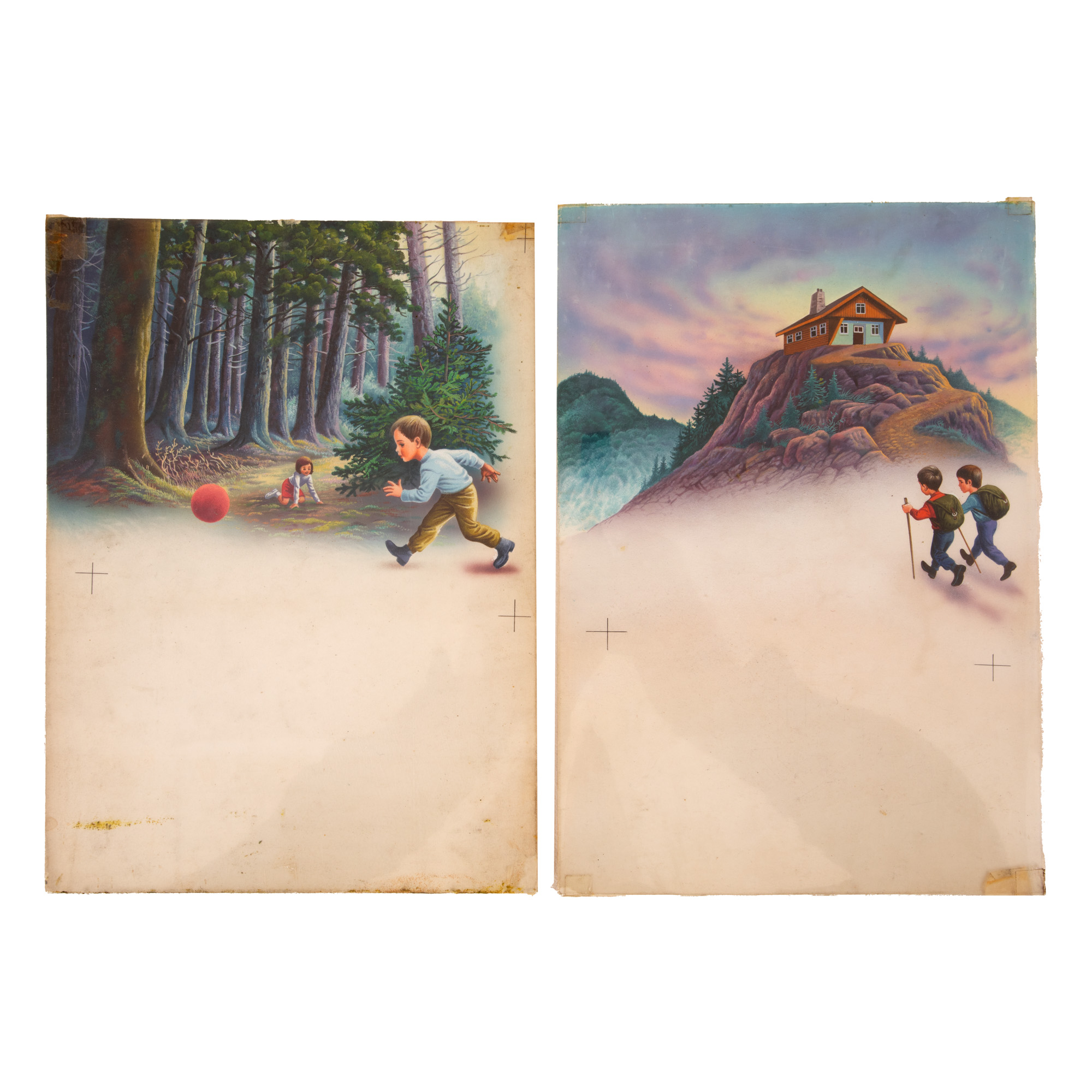 Lot format din două ilustrații originale, realizate de Albin Stănescu pentru cartea de povești "Casa florilor", text de Valentina Dima, Editura Facla, 1976, exemplare unice, piese rare