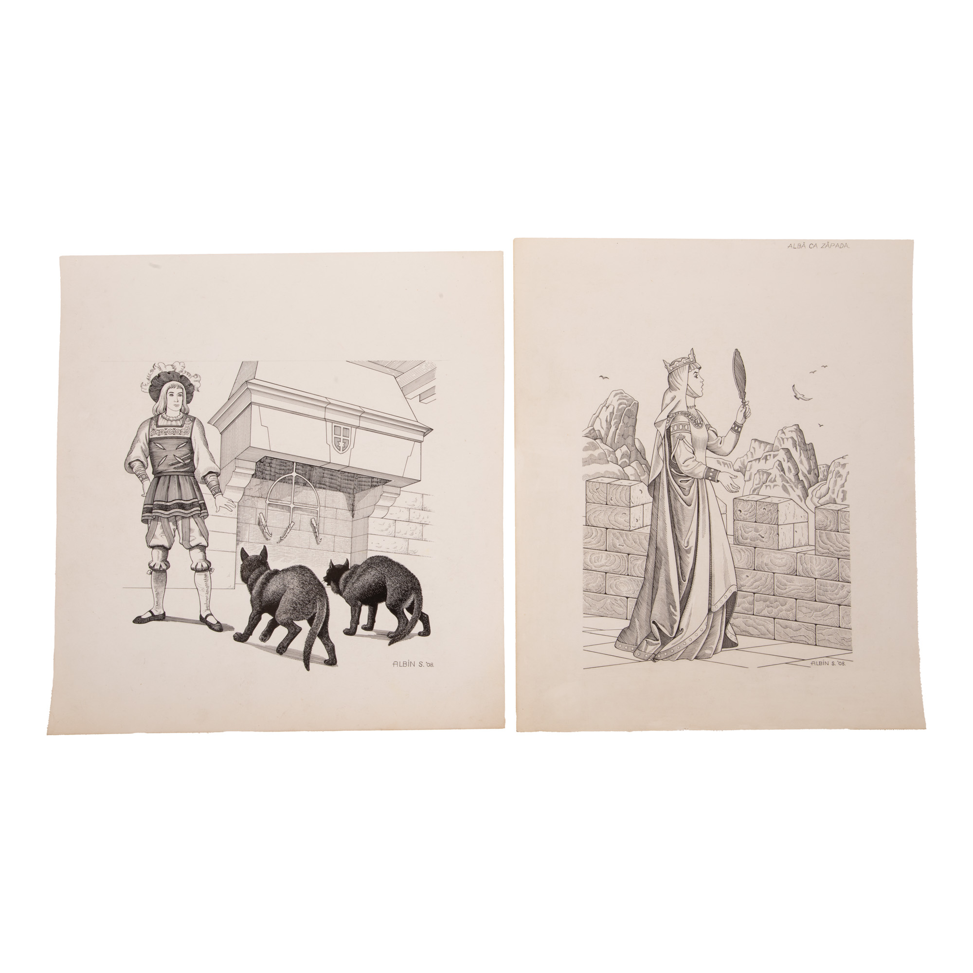 Lot consisting of original black and white illustration depicting the evil Empress from the fairy tale "Snow White" looking in the mirror, made by Albin Stănescu, and original black and white illustration depicting a noble attacked by two wolves, made by Albin Stănescu, unique copies, rare pieces