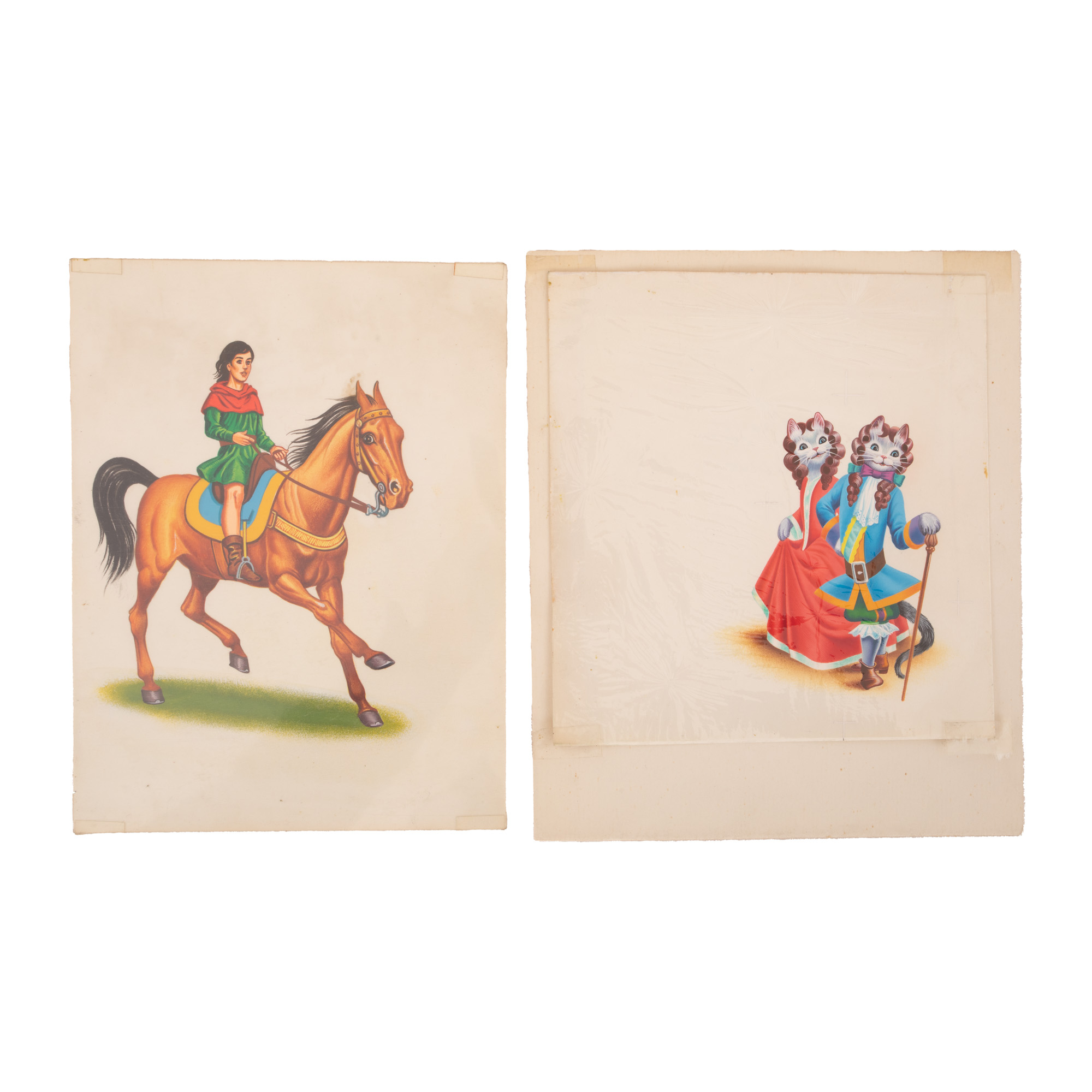 Lot format din două ilustrații originale realizate de Albin Stănescu pentru cartea de povești "Bucurii pentru copii", text de Ion Crînguleanu, Editura Ion Creangă, 1966, exemplare unice, piese rare