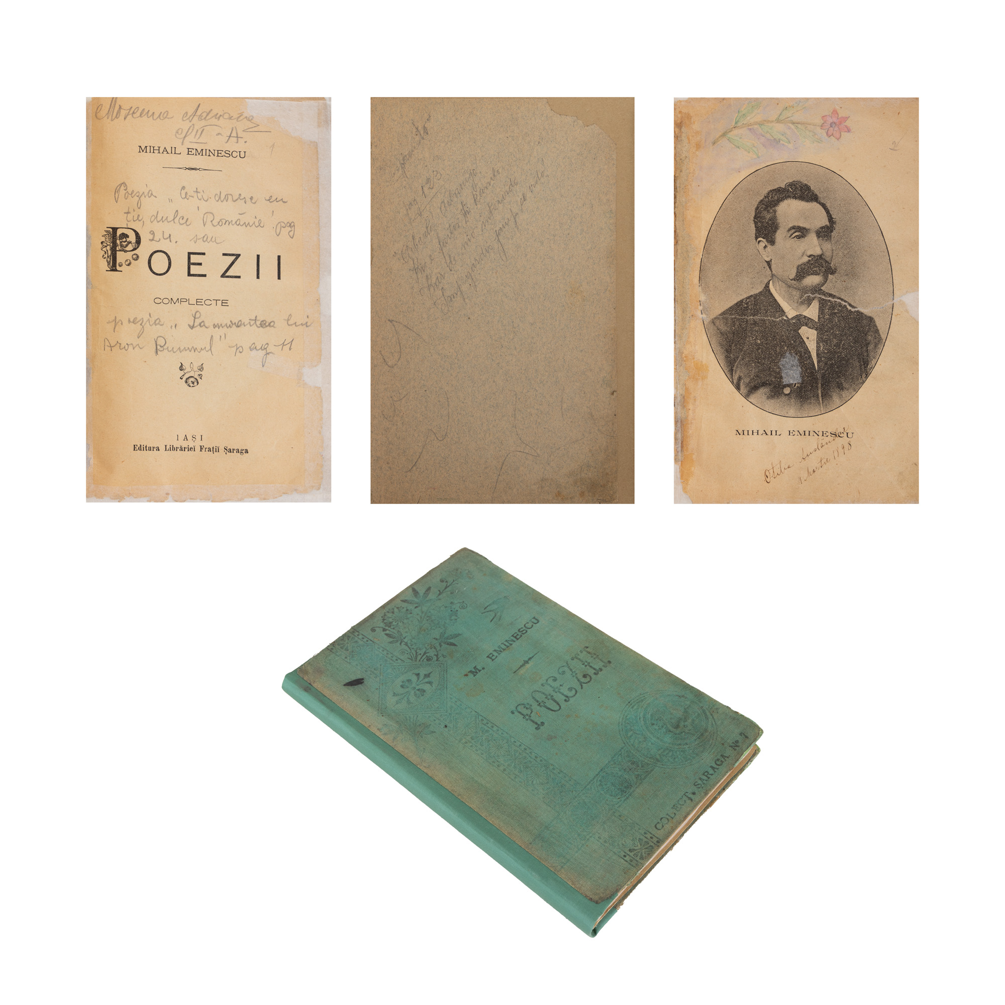 "Complete Poems" by Mihai Eminescu, with a preface by Alexandru D. Xenopol, Șaraga Edition, Iași, 1894, bibliophile copy with the original editorial binding and ex-libris