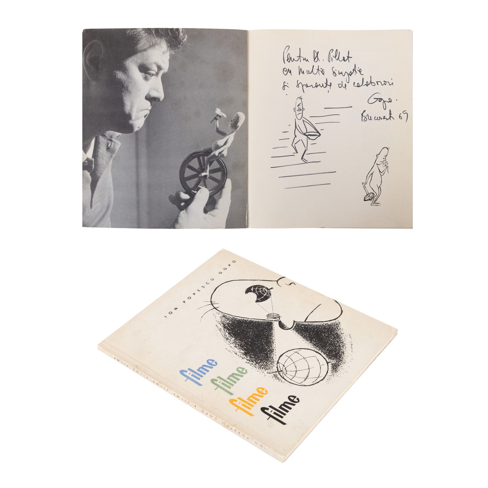 "Movies, movies, movies, movies", by Ion Popescu Gopo, Bucharest, 1963, with the author's holograph signature and dedication to Neculae Pillat, with two original drawings, extremely rare, collectors item.
