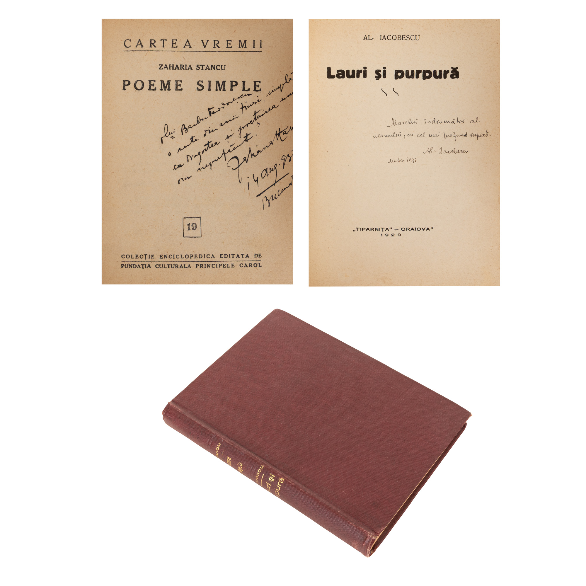 Colegat ”Poeme simple”, de Zaharia Stancu, București, 1931, cu dedicația autorului către bibliograful și scriitorul Barbu Teodorescu, și ”Lauri și purpură”, de Alexandru Iacobescu, Craiova, 1929, cu dedicația olografă a autorului