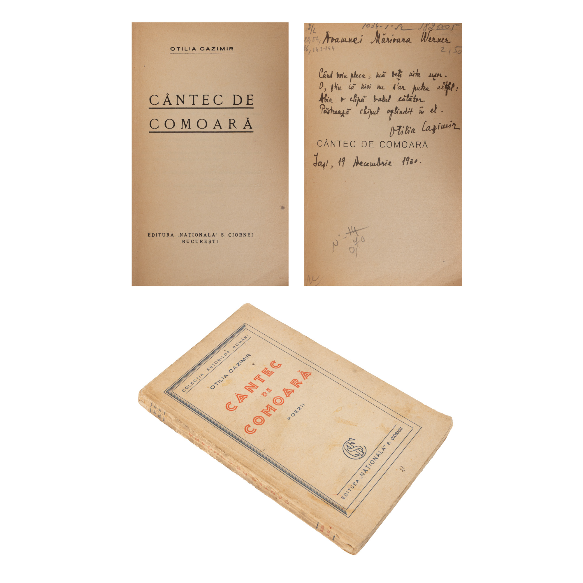 "Treasure Song" by Otilia Cazimir, first edition, Bucharest, 1931, with the author's dedication-poem to Marioara Werner.