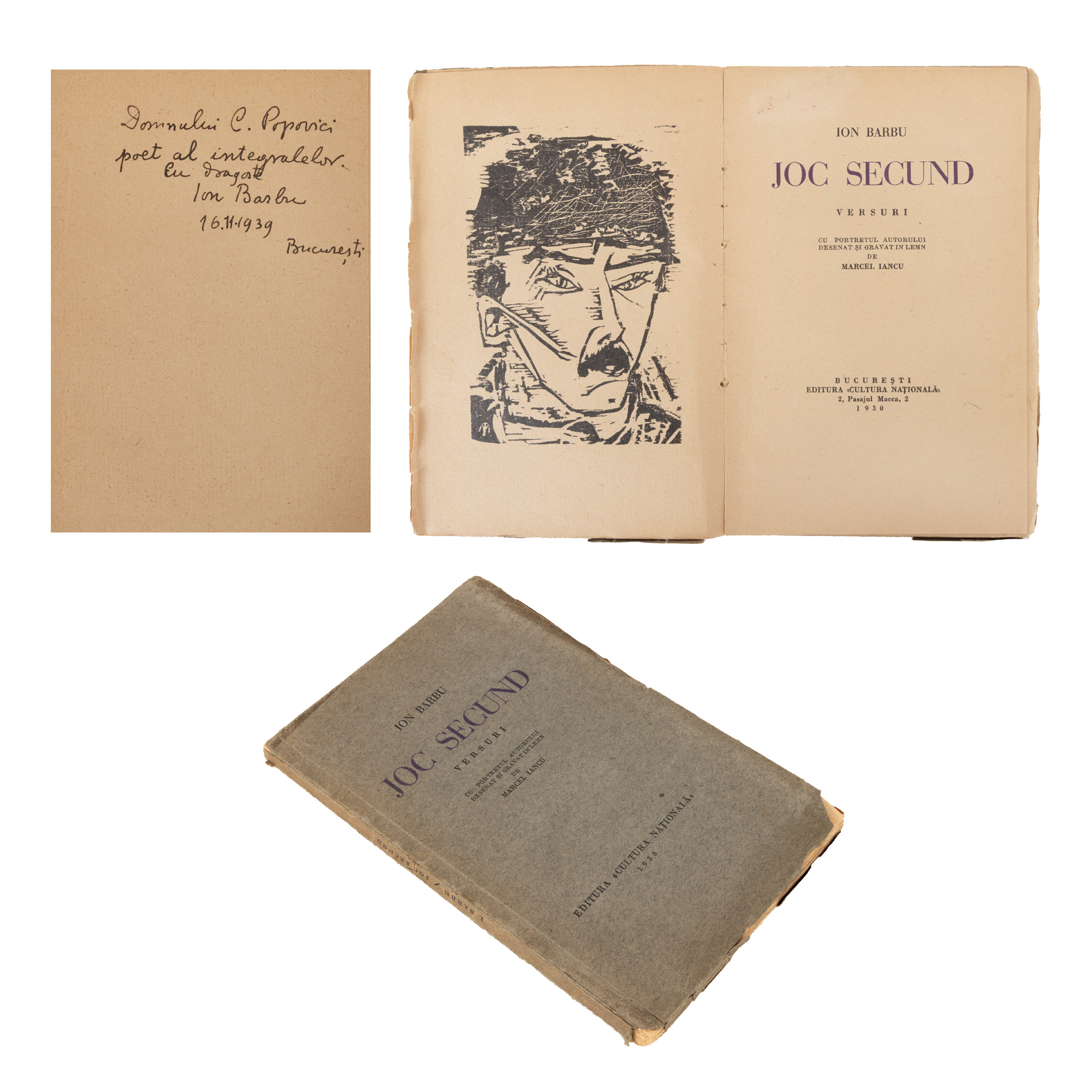 ”Joc secund”, de Ion Barbu, ediție princeps, București, 1930, cu portretul autorului realizat de Marcel Iancu și dedicația olografă a autorului către matematicianul Constantin C. Popovici
