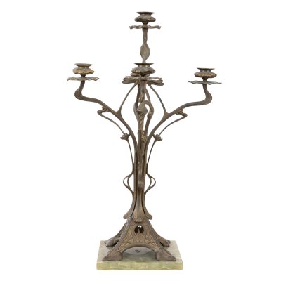 Art Nouveau Style Candlestick, decorated with green onyx base, early 20th century