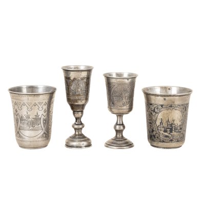 Set of four silver glasses, decorated with niello, cca. 1860-1900