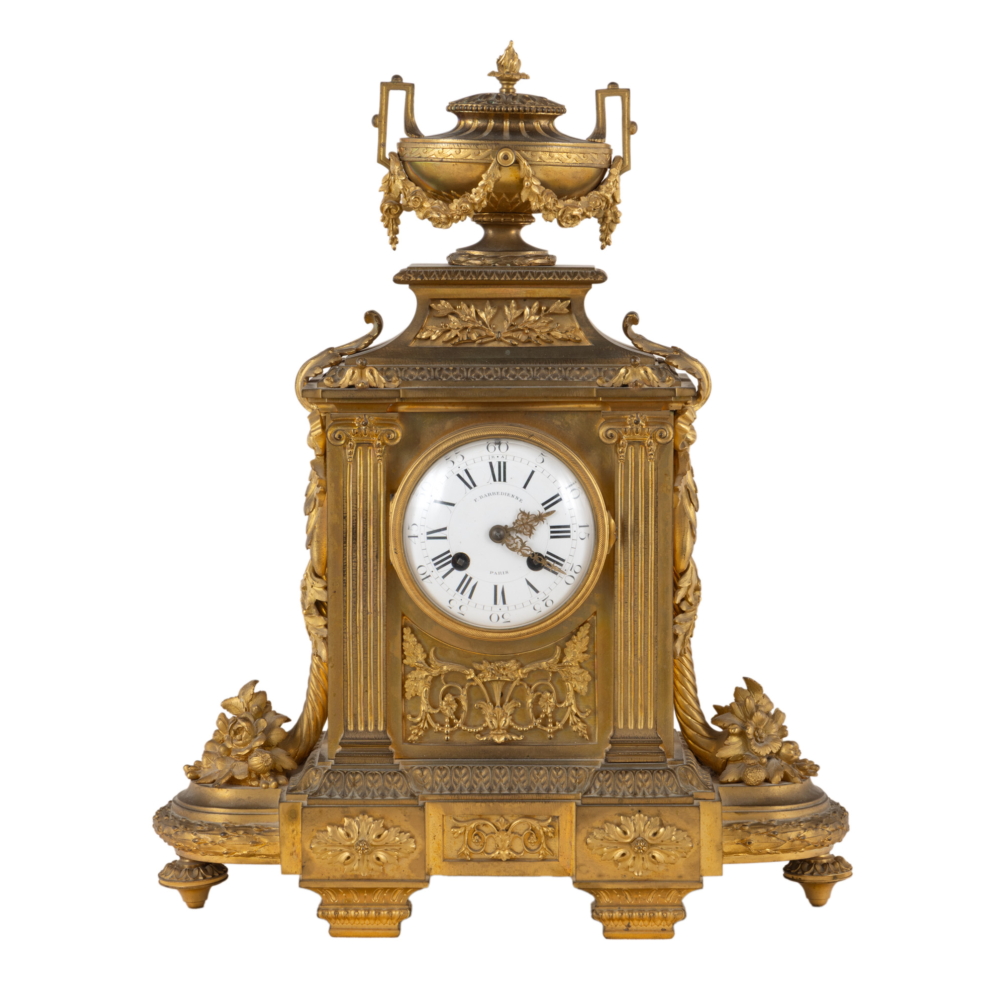 Ceas în manieră Louis XVI, din bronz doré, semnat F. Barbedienne, a doua parte a sec. XIX