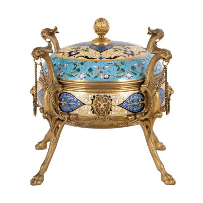 Gilt bronze bonbonnière, decorated with champlevé enamel, signed F. Barbedienne, circa 1875