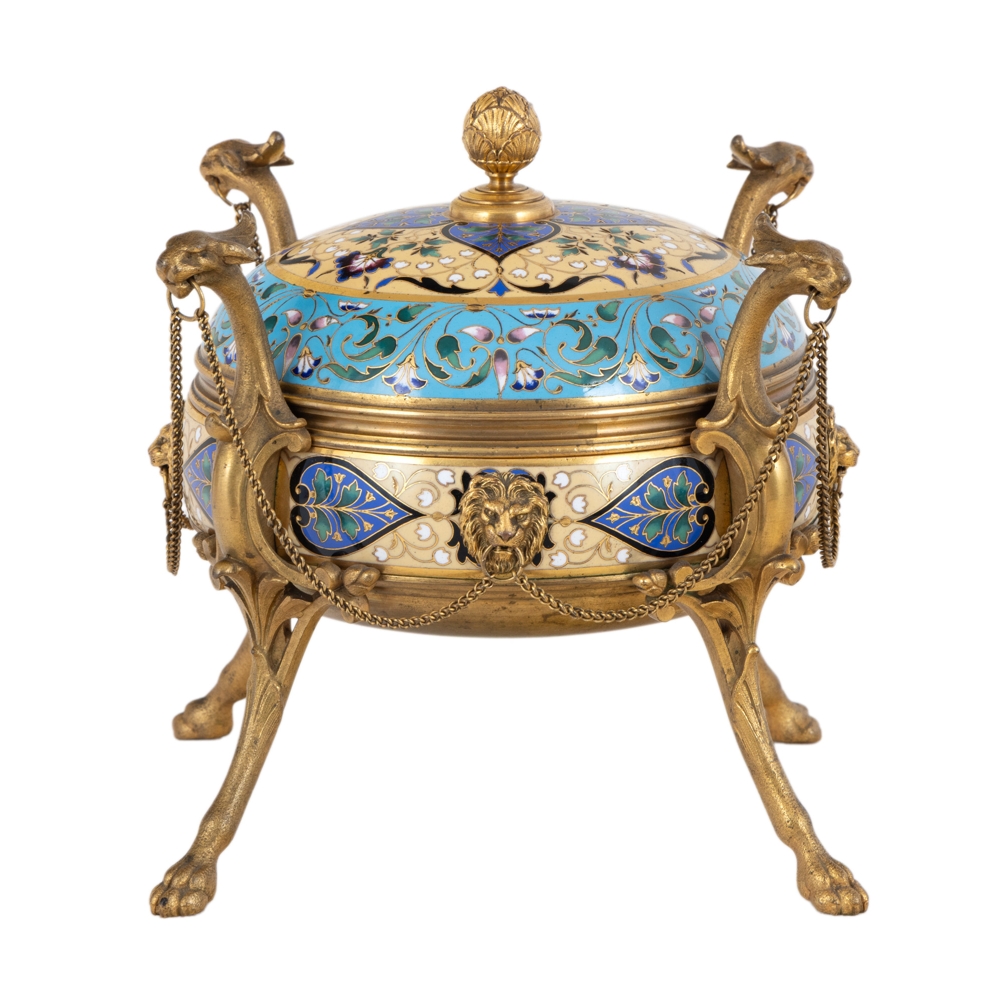 Bombonieră din bronz doré, decorată cu email champlevé, semnată F. Barbedienne, cca. 1875