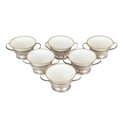 Set de șase cești Rosenthal, pentru cafea, din porțelan cu montură din argint