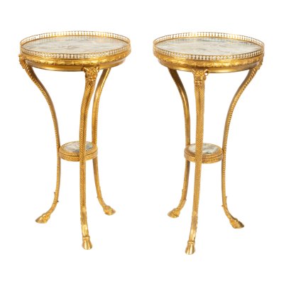 Pair of tables in Louis XV style, made of gilded bronze and marble, decorated with satyrs, end of the 19th century
