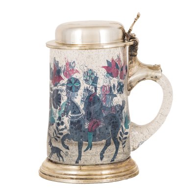 Beer mug of glass and silver