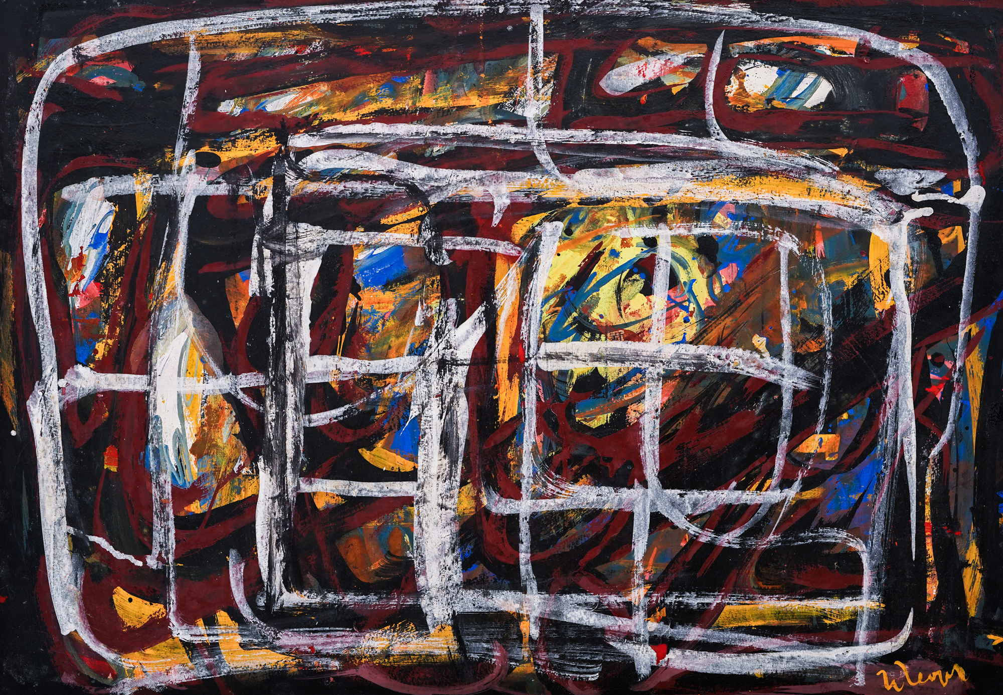 Black-yellow abstraction with white squares