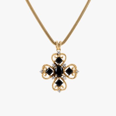 Gold chain with pendant, decorated with diamonds and black chalcedony