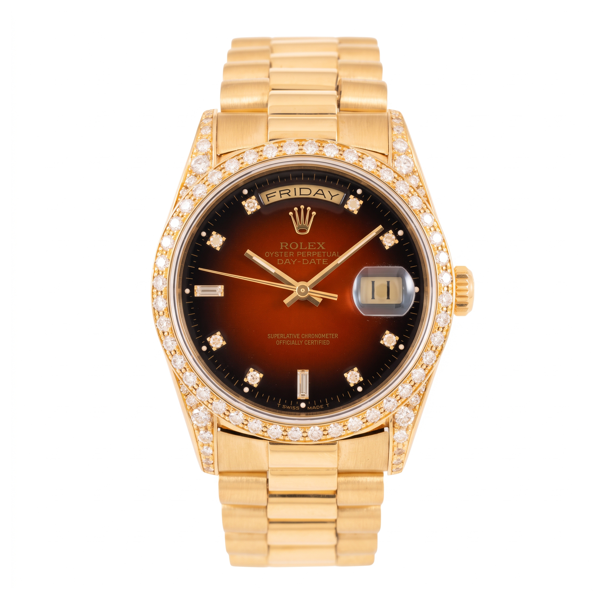 Ceas Rolex Day Date, din aur, cu diamante, de mână, bărbătesc, însoțit de cutia originală