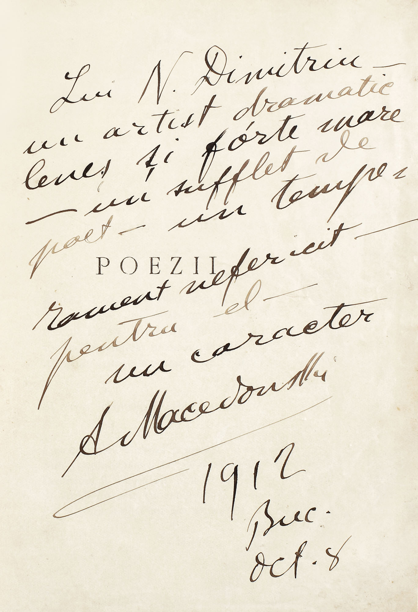 "Poezii", de Alexandru Macedonski, Bucureşti, 1912, poartă dedicaţia şi semnătura olografă a autorului