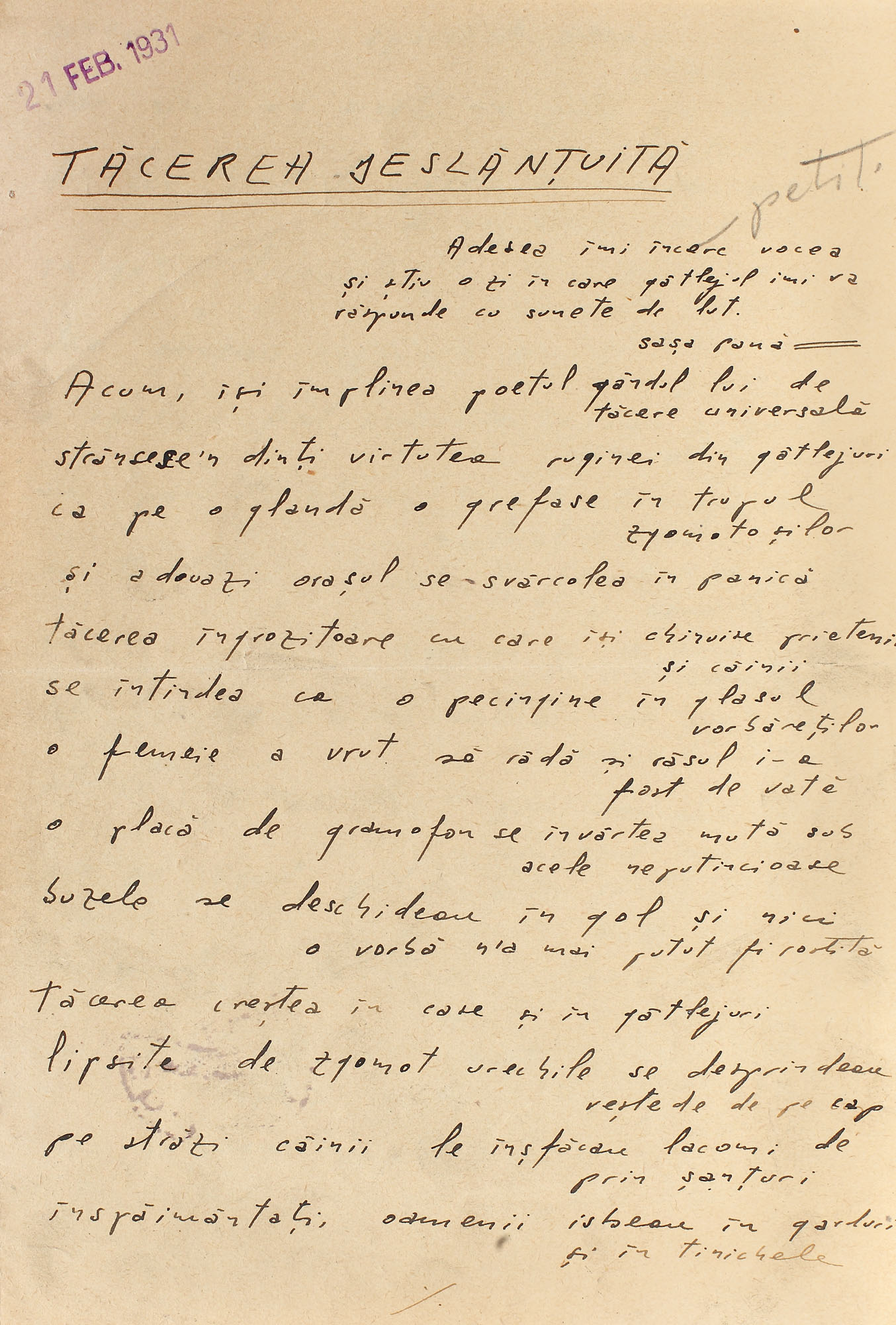 "Tăcerea deslănţuită", manuscris de Geo Bogza, 21 februarie 1931, provine din colecţia Saşa Pană