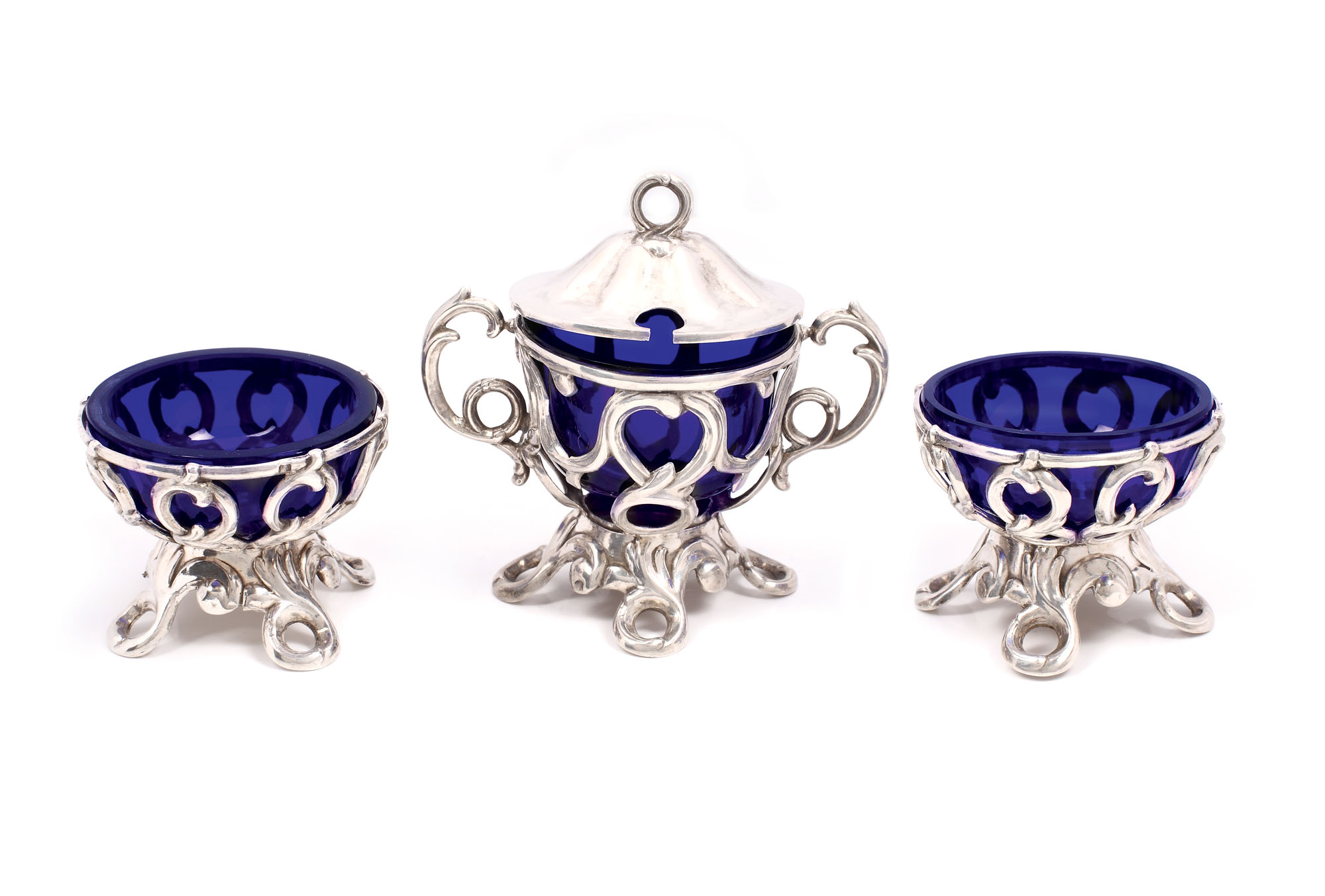 Set de 3 recipiente din argint Alphonse Debain și sticlă cobalt, cca. 1900